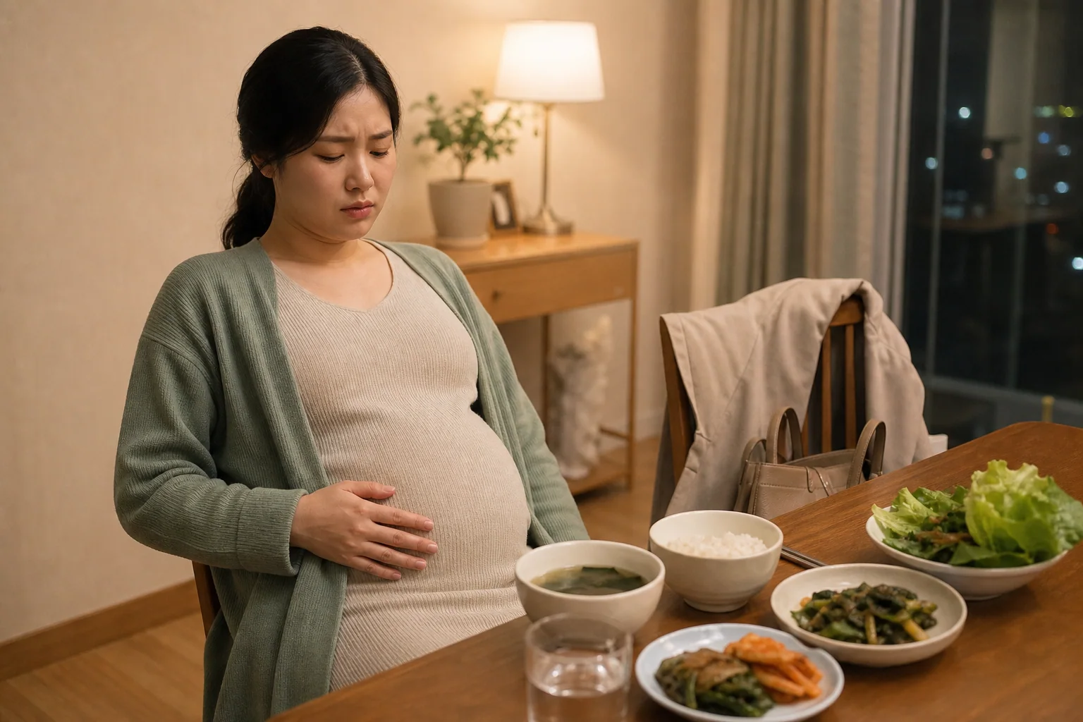 임신성 변비와 복부팽만으로 식사와 외출이 불편한 한국인 임신부 한 명이 저녁 식탁에서 먹기를 멈춘 생활 장면