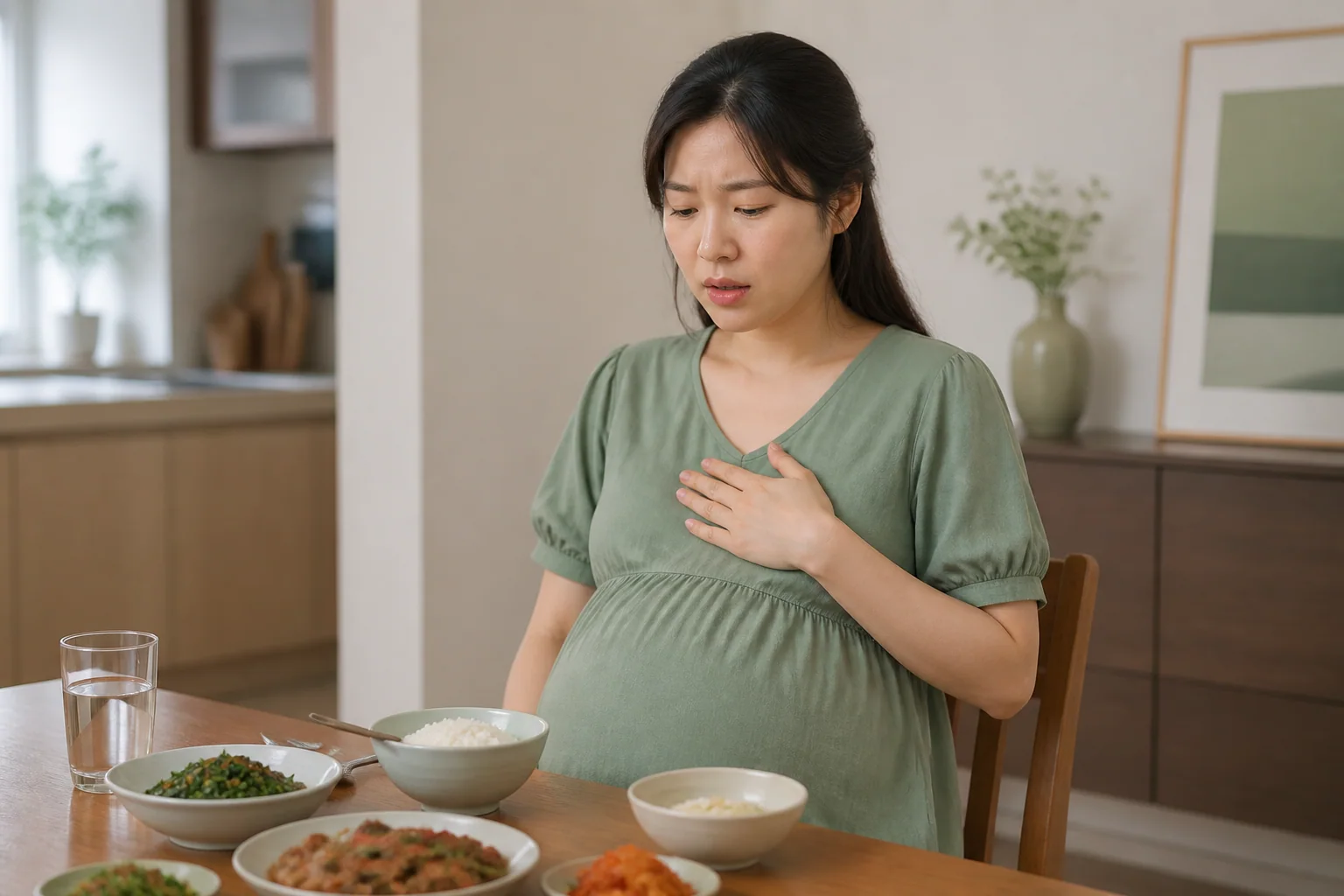 임신 중 소화불량과 속쓰림으로 몇 숟갈 뒤 식사를 멈춘 한국인 임신부 한 명이 집 식탁에서 명치 불편을 느끼는 생활 장면