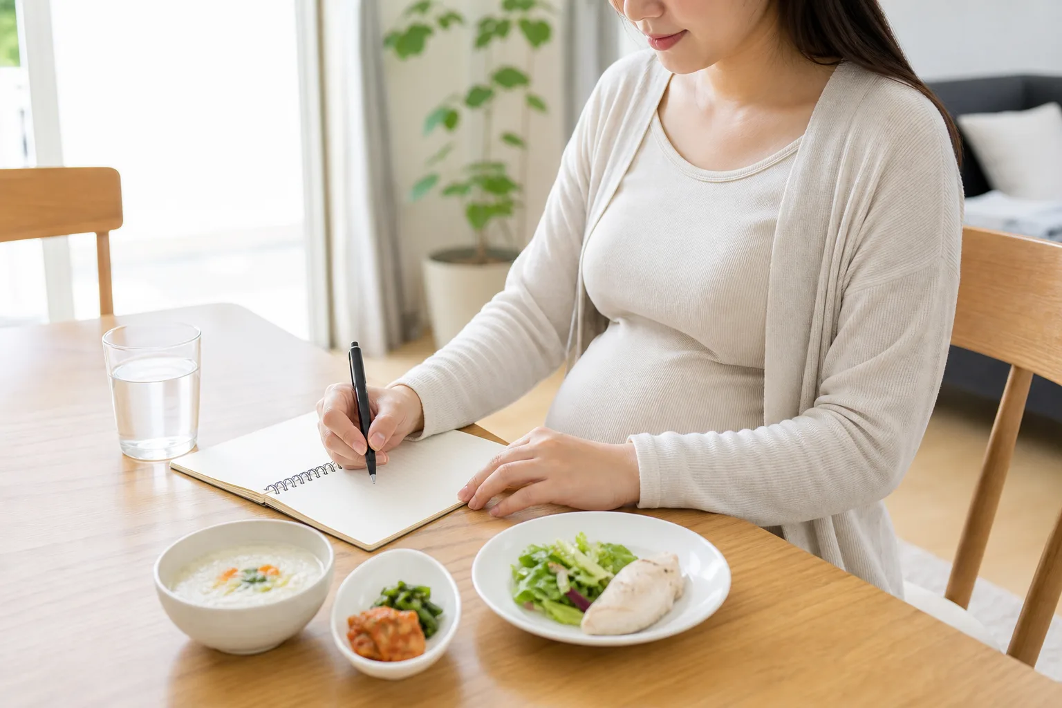 임신중소화불량 환자가 식사량과 속쓰림 시간을 생활 기록으로 남기는 장면