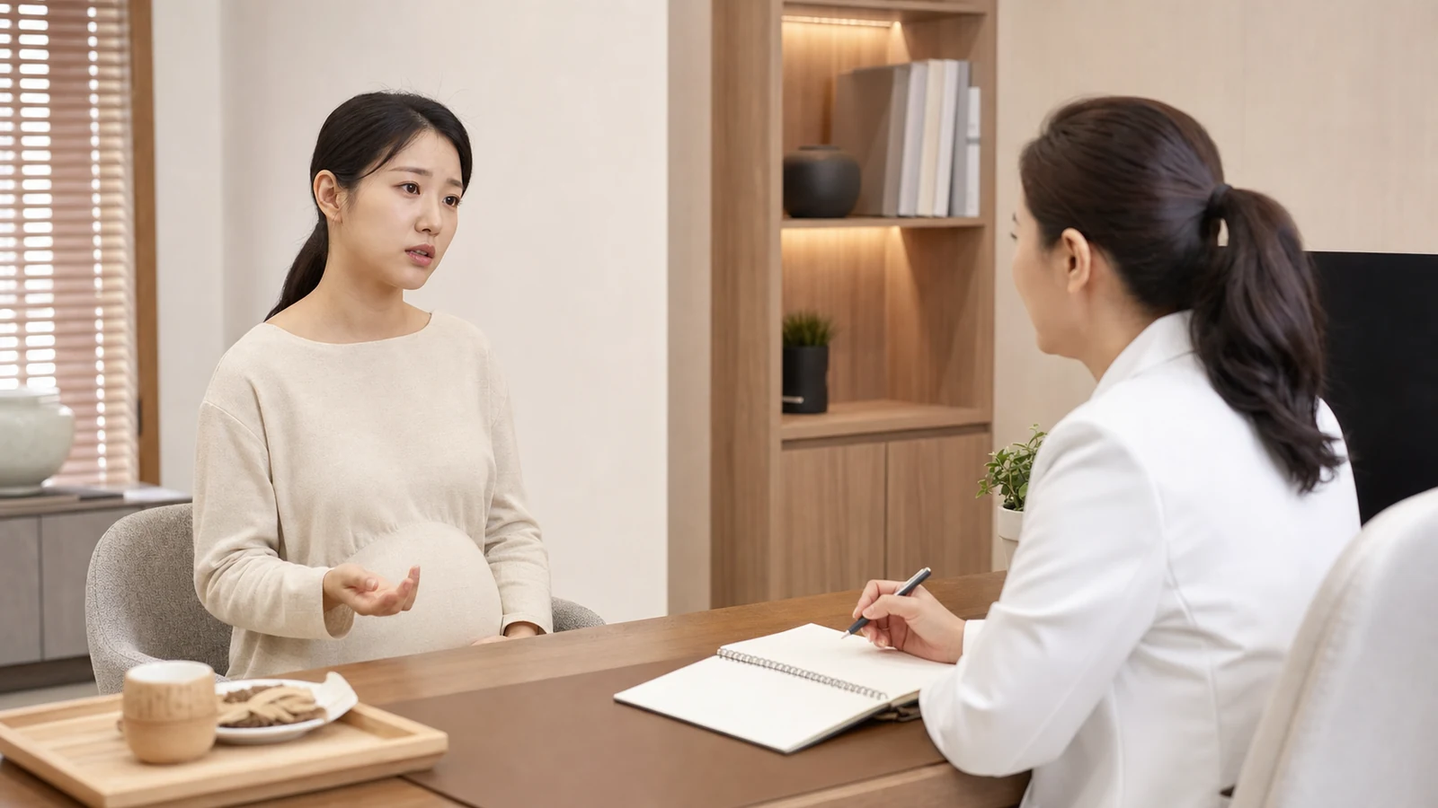 임신 중 불면으로 밤중 각성과 낮 피로를 의료진과 상담하는 한국인 임산부 장면