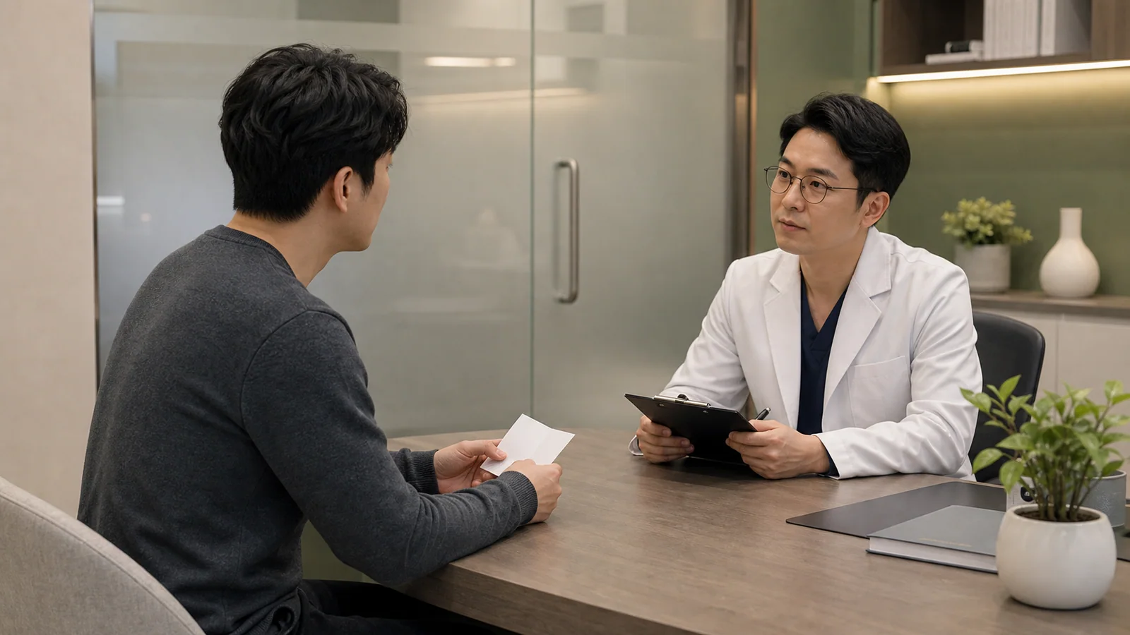 조루 환자가 관계 전 긴장과 사정 조절감 저하를 비공개 상담실에서 차분히 상담하는 장면