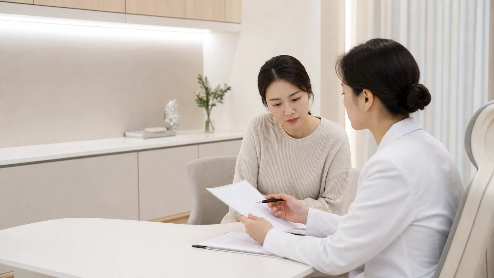유산 후 반복 증상 기록을 보며 초진 상담을 준비하는 환자와 의료진