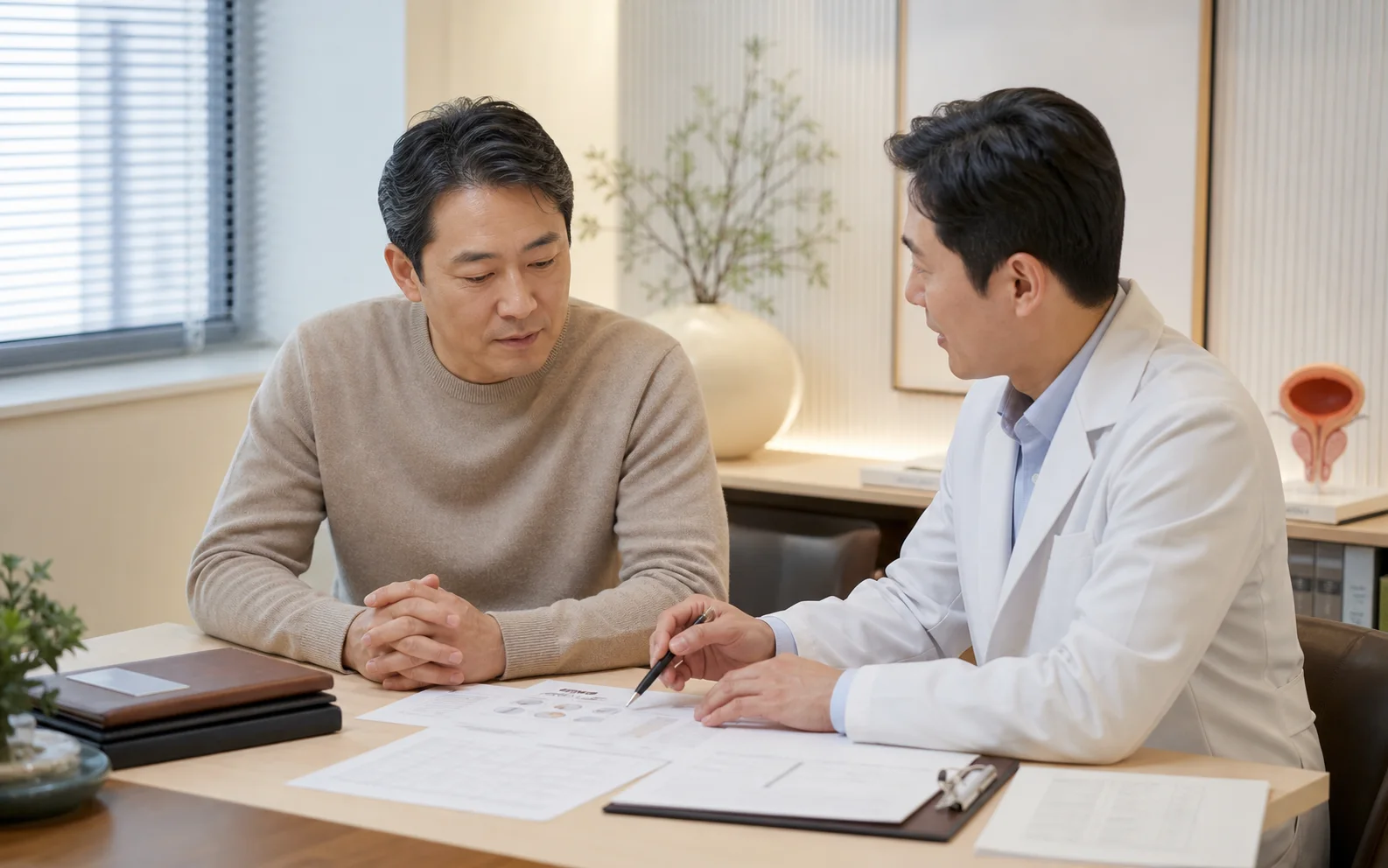 전립선비대 환자가 배뇨 증상 기록과 검사 자료를 놓고 모던 한의원에서 상담하는 장면