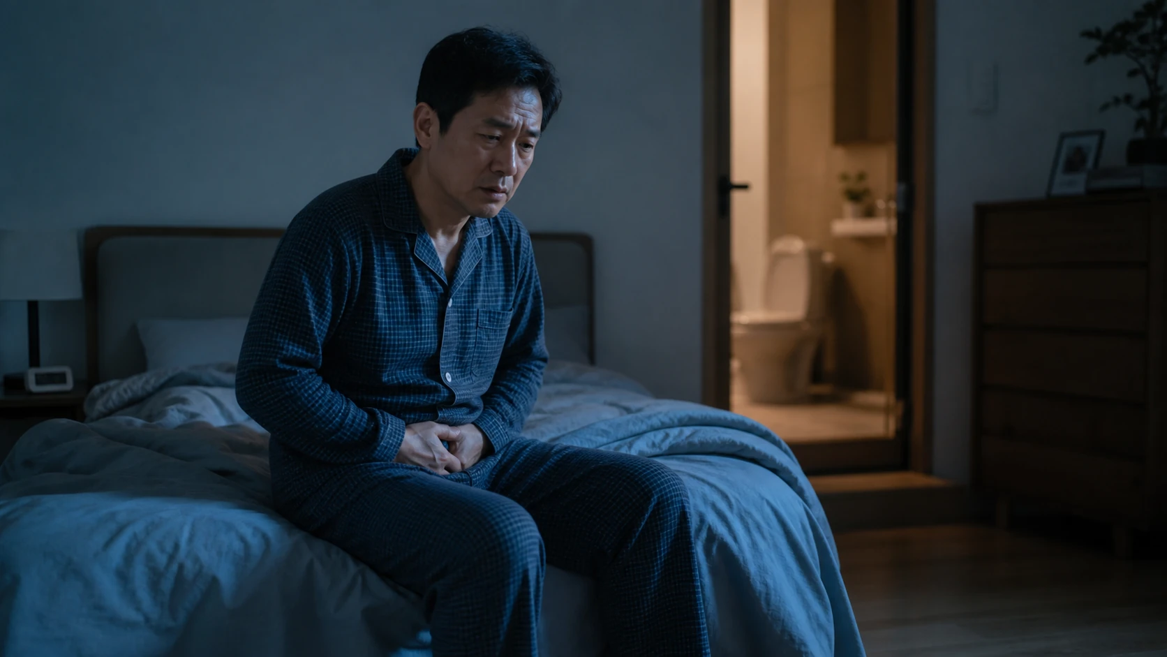 밤중에 하복부를 감싸고 침대 가장자리에 앉은 남성