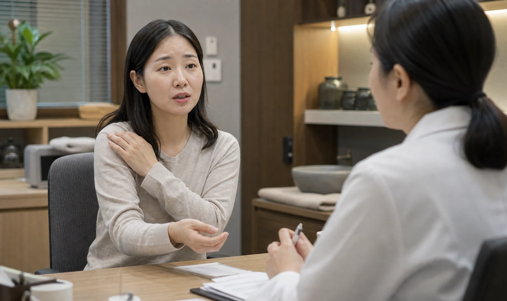 한국인 환자가 국내 한의원 진료실에서 결절성 양진의 밤 가려움과 긁기 반복을 상담하는 장면