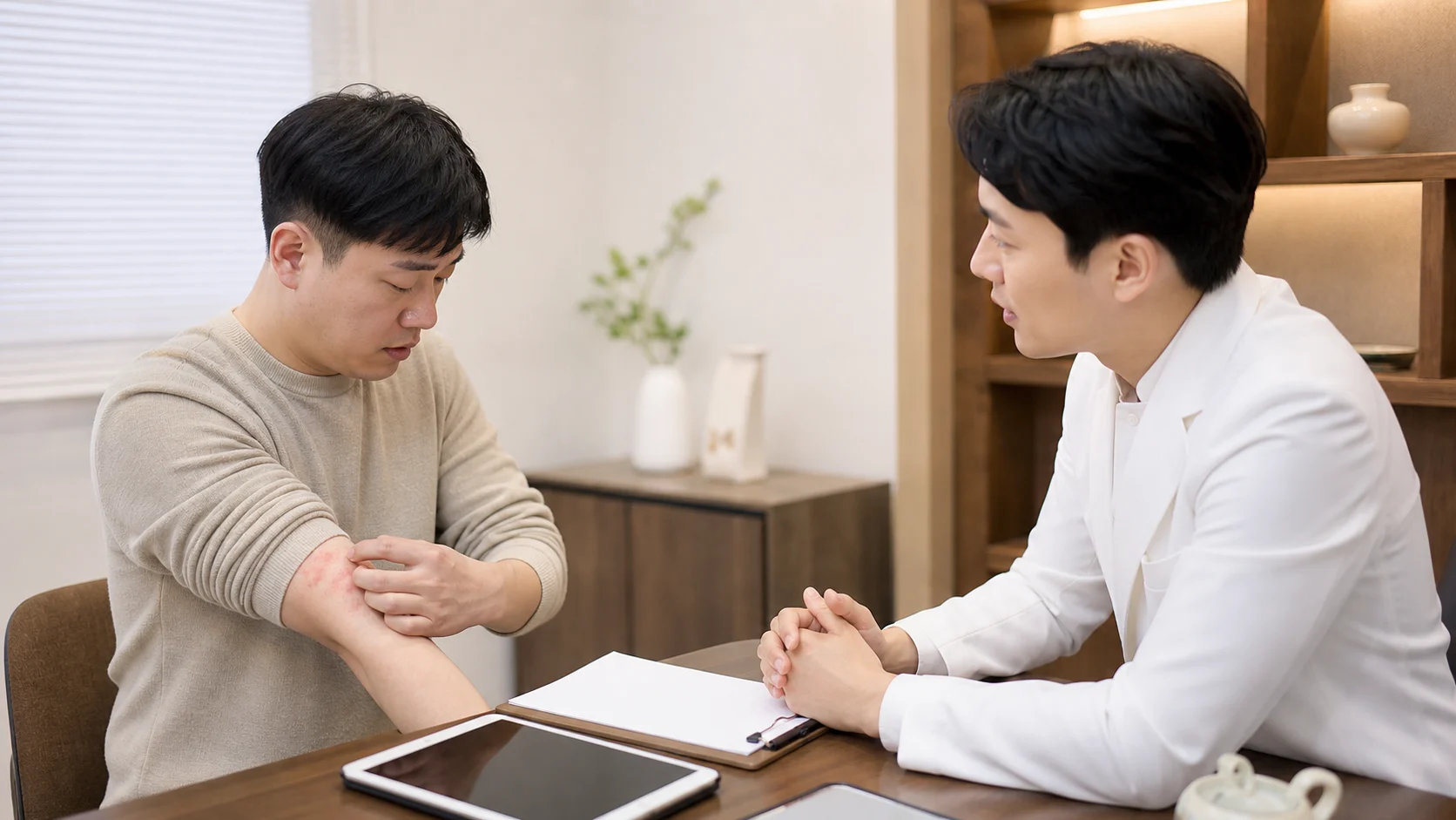 건선 환자가 국내 한의원 진료실에서 팔꿈치 병변과 반복 악화 상담을 시작하는 장면