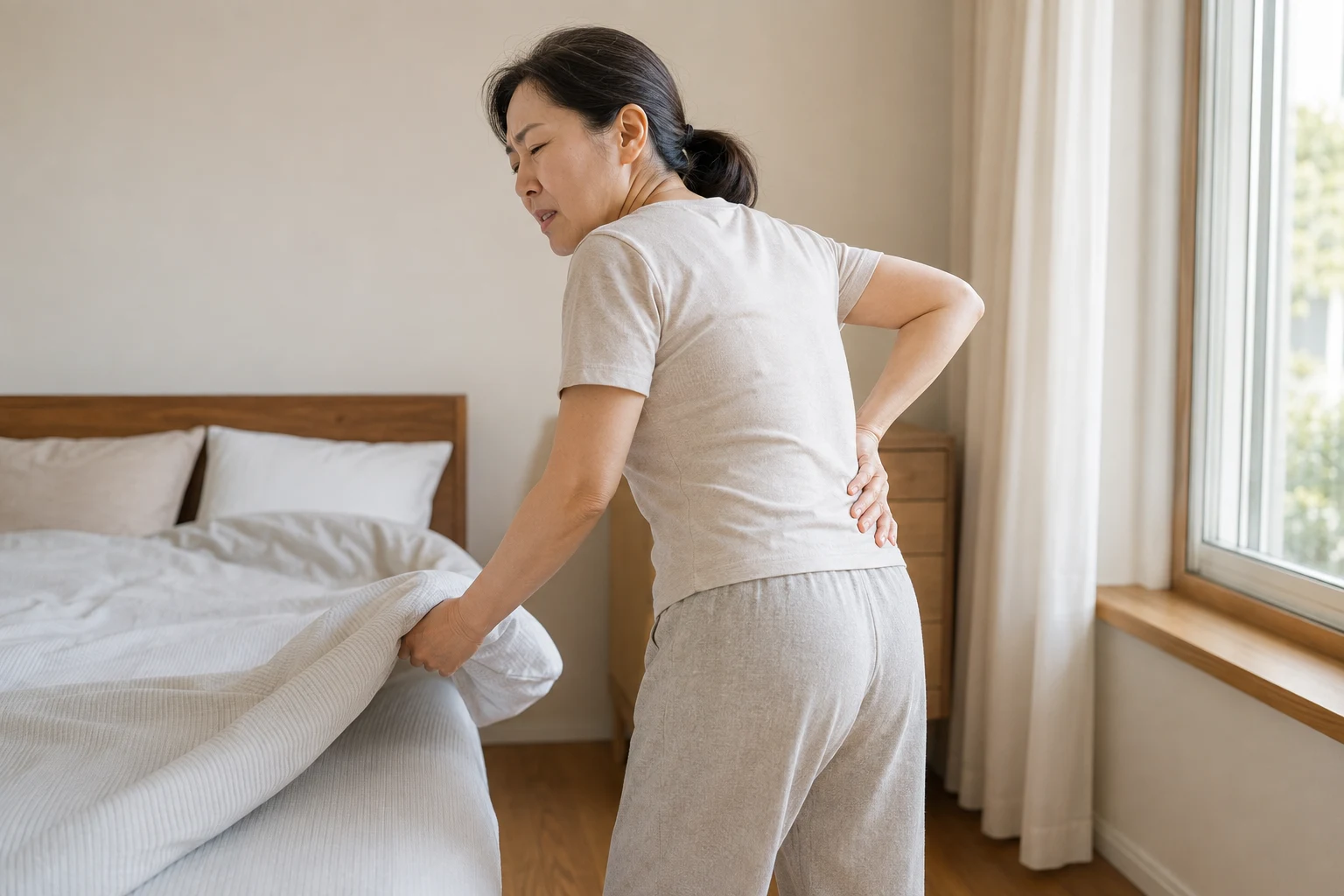 침구를 정리하다 몸을 펴는 동작을 멈추고 12번째 갈비뼈 아래 한쪽 뒤옆 허리를 짚으며 불편해하는 한국인 성인
