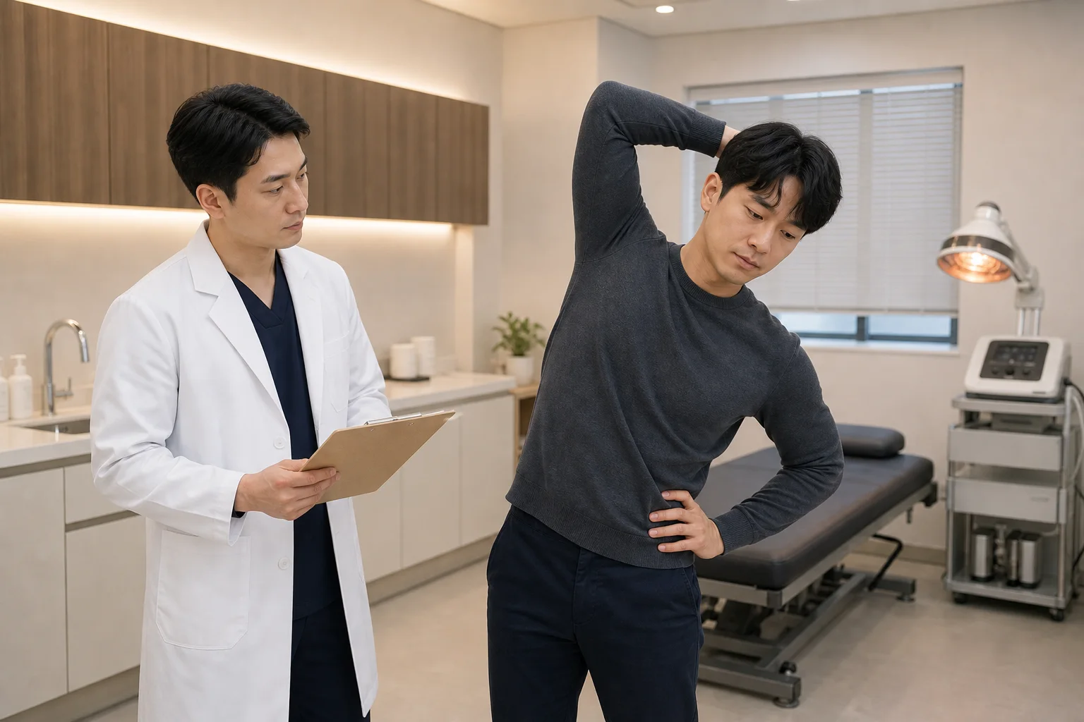 국내 한의원 움직임 평가 공간에서 회복 기록 계획표와 함께 한쪽 허리 통증의 몸통 회전과 측굴 범위를 확인하는 장면