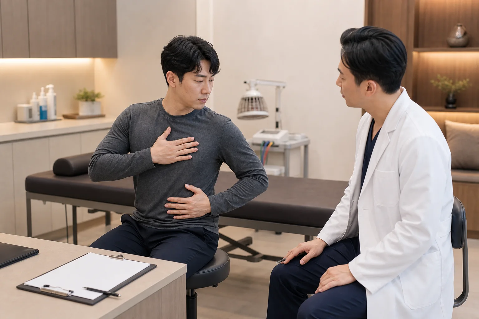 한국인 환자가 국내 한의원 진료실에서 한쪽 허리와 골반 주변 움직임을 확인받는 장면