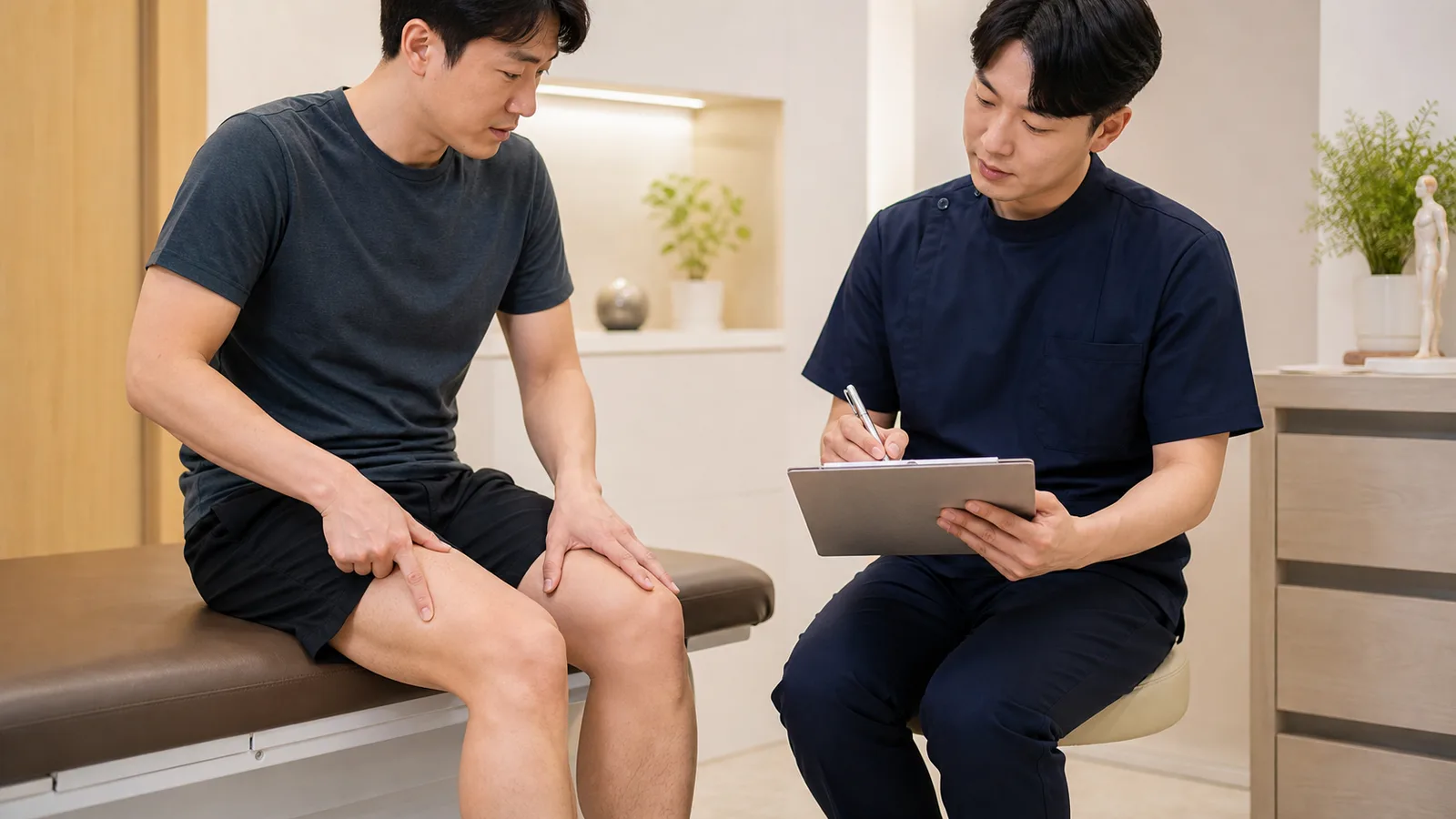 한국인 대퇴사두근통증 환자가 국내 한의원 진료실에서 앞허벅지와 무릎 위쪽 통증 위치를 상담하는 장면