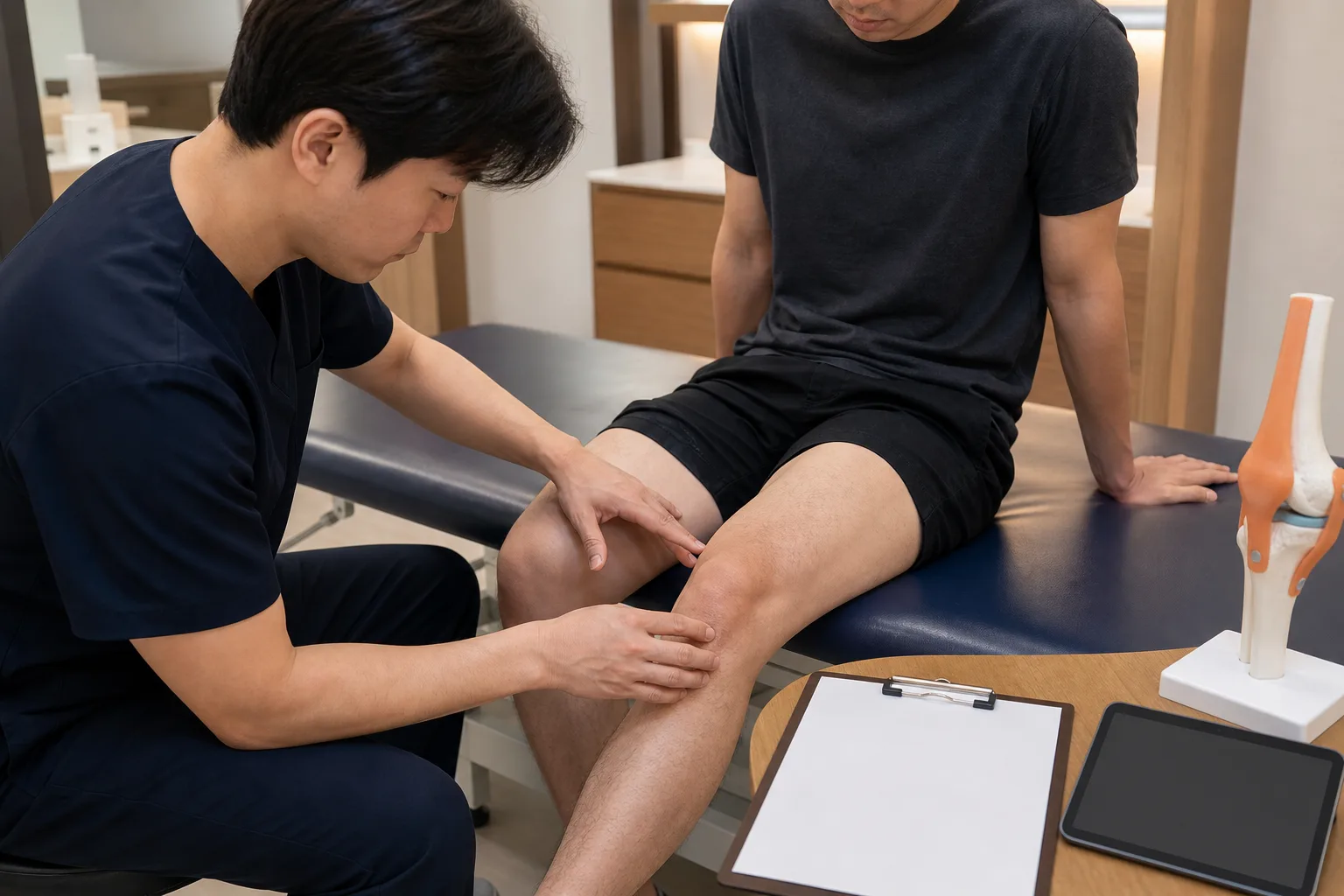 한국인 의료진이 국내 한의원 진료실에서 앞허벅지와 무릎 위쪽 압통, 무릎 굽힘 반응을 확인하는 장면