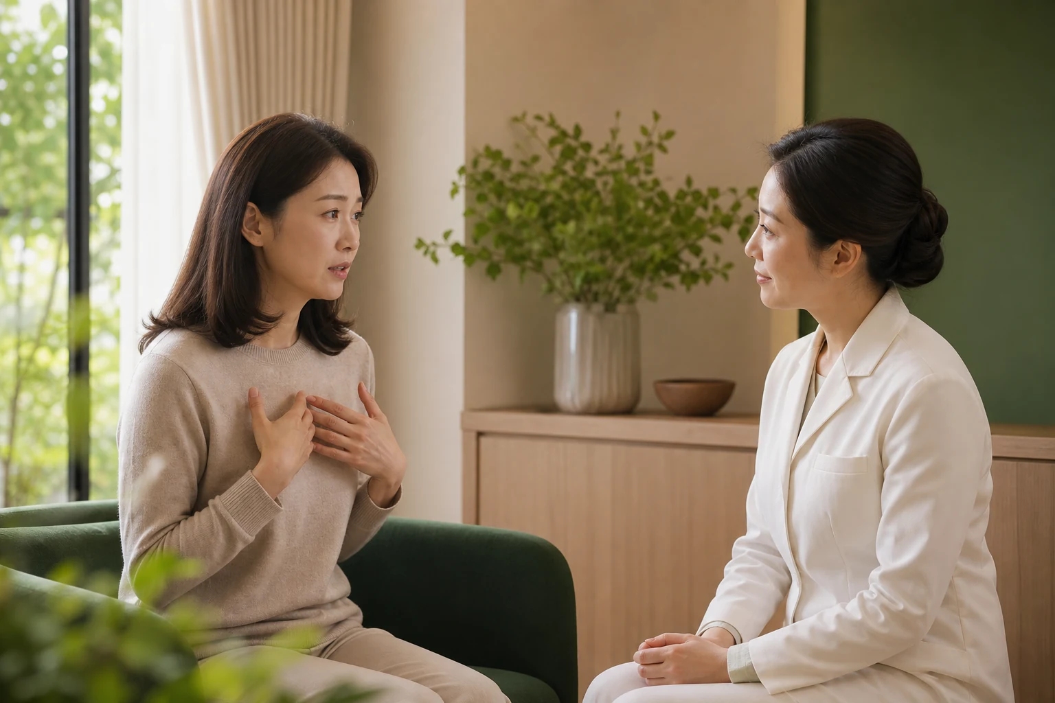 반복되는 배뇨통과 재발 걱정을 인애한의원 부천 의료진에게 설명하는 상담 장면
