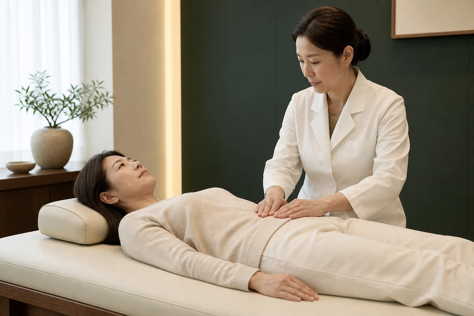 인애한의원 부천 의료진이 재발성방광염 환자의 하복부 압통과 긴장을 복진으로 살피는 장면