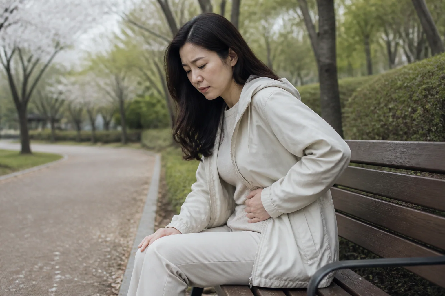 반복착상실패 뒤 수면 부족과 골반 묵직함·피로가 이어진 한국인 여성 한 명이 동네 산책을 멈추고 벤치에 앉은 생활 장면