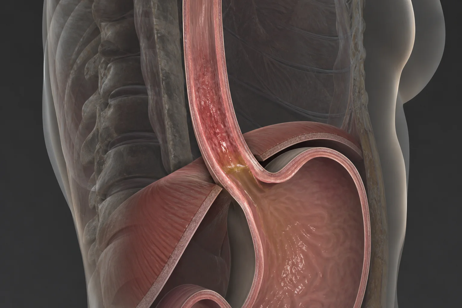 한 사람의 몸에서 하부 식도와 위가 만나는 부위, 횡격막 틈과 국소 점막 자극