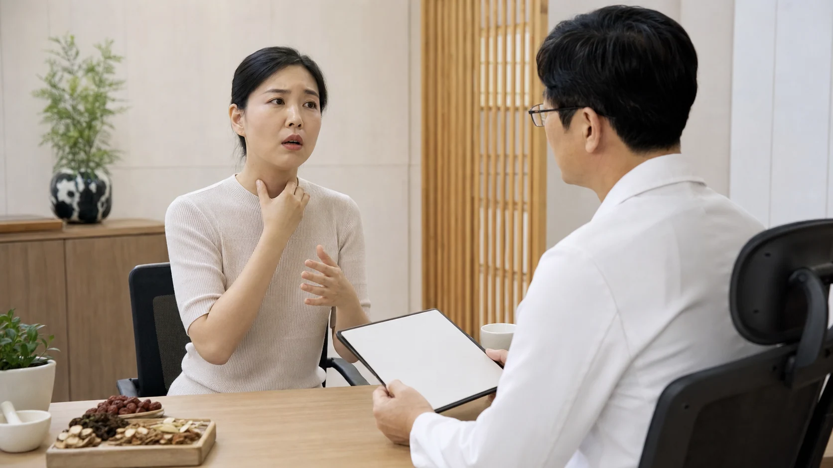 한국인 환자가 국내 한의원 상담실에서 역류성인후두염 목 이물감과 쉰 목소리를 설명하는 장면
