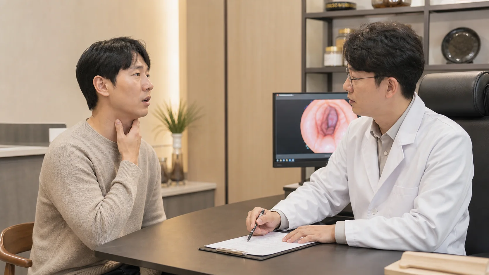 국내 한의원 초진에서 한국인 환자가 식후 목 이물감과 쉰 목소리 변화를 설명하는 장면