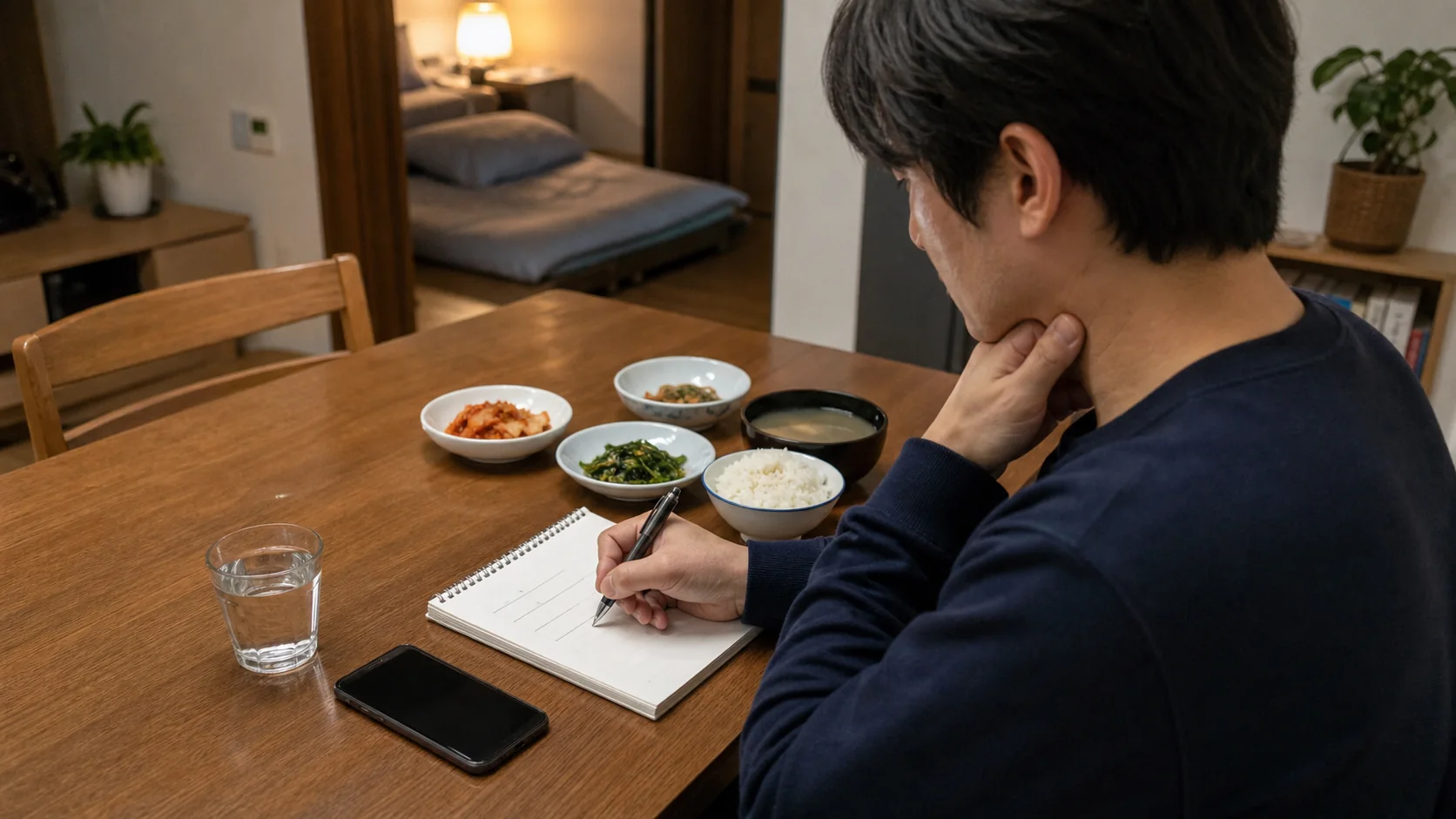 한국인 환자가 집에서 식후 목 이물감과 취침 전 목소리 변화를 생활기록으로 남기는 장면