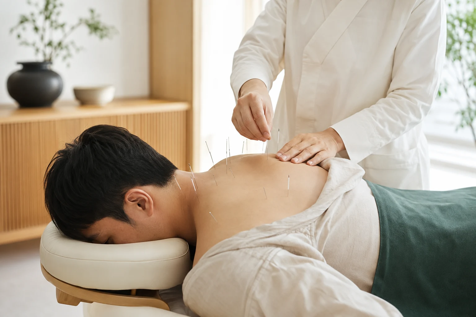 교통사고 후유증 환자의 증상 부위를 실제로 치료하는 한국인 중심 한의원 임상 장면