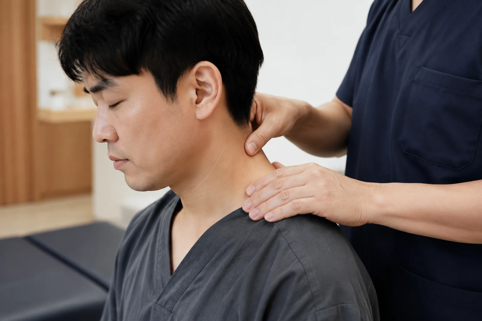 목 통증 환자의 증상 부위를 실제로 치료하는 한국인 중심 한의원 임상 장면