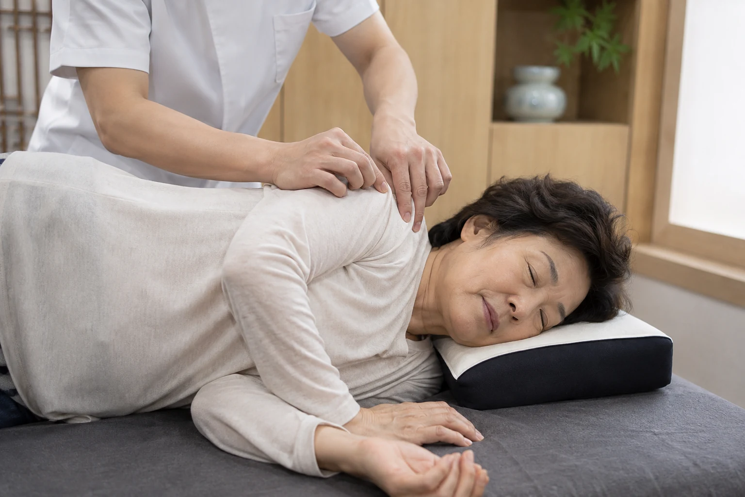 경추협착증 환자의 증상 부위를 실제로 치료하는 한국인 중심 한의원 임상 장면