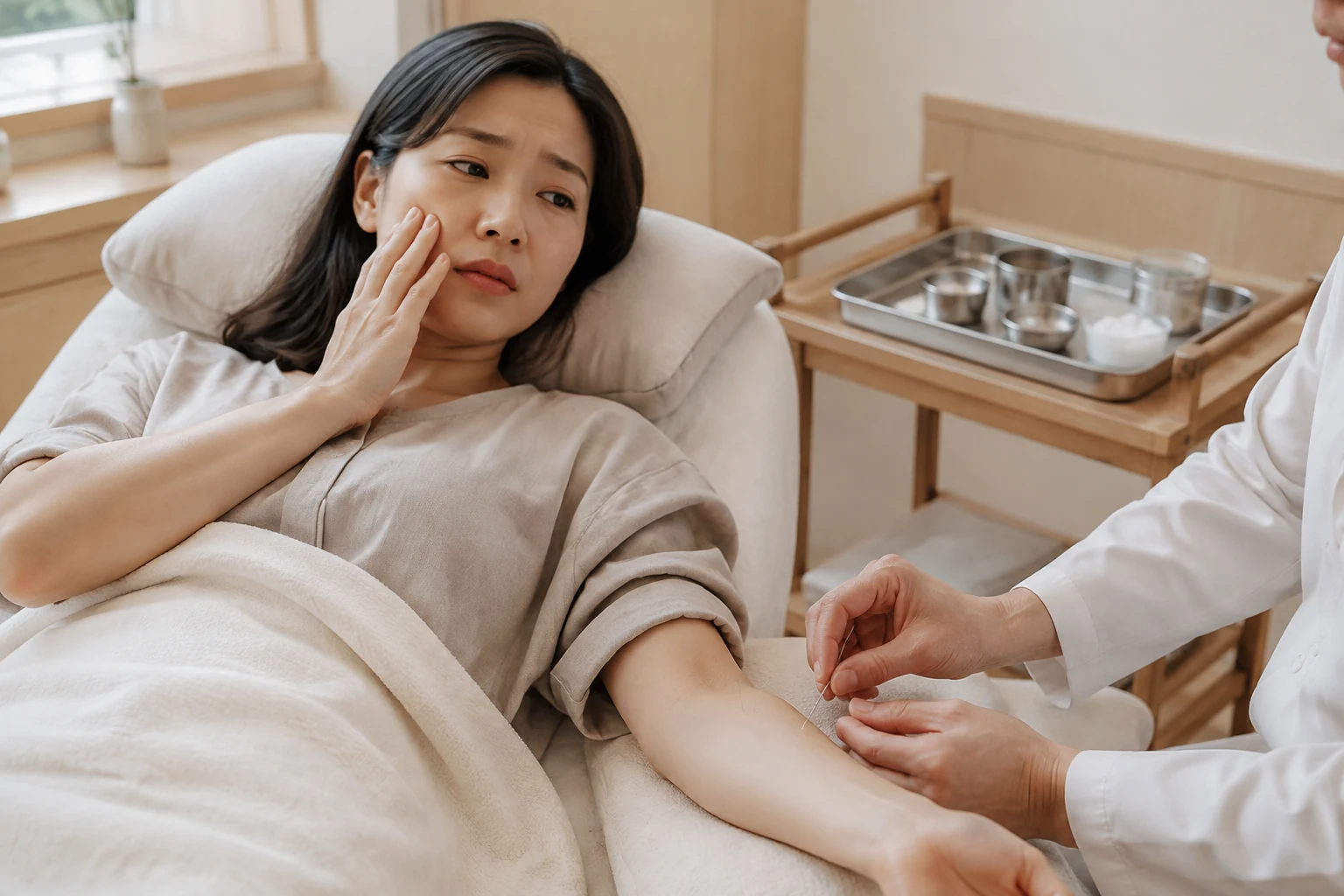팔에 침 치료를 받으며 한 손을 볼에 댄 여성과 의료진의 손