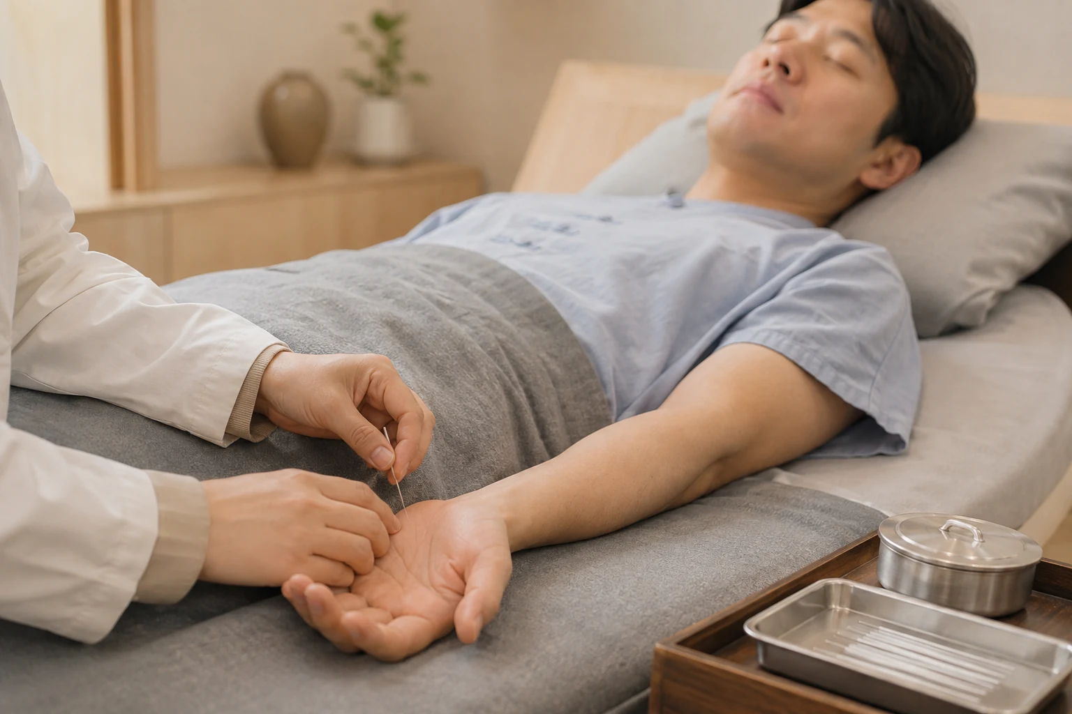 군발두통 환자의 증상 부위를 실제로 치료하는 한국인 중심 한의원 임상 장면