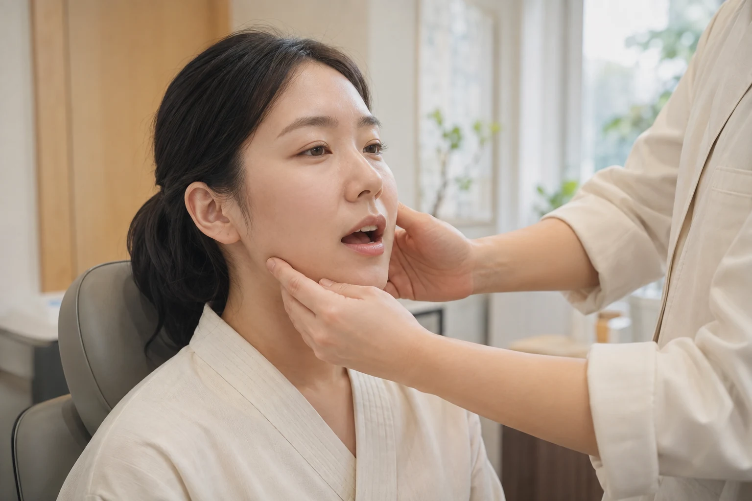 입을 조금 벌린 여성의 턱 양쪽을 손으로 살피는 의료진