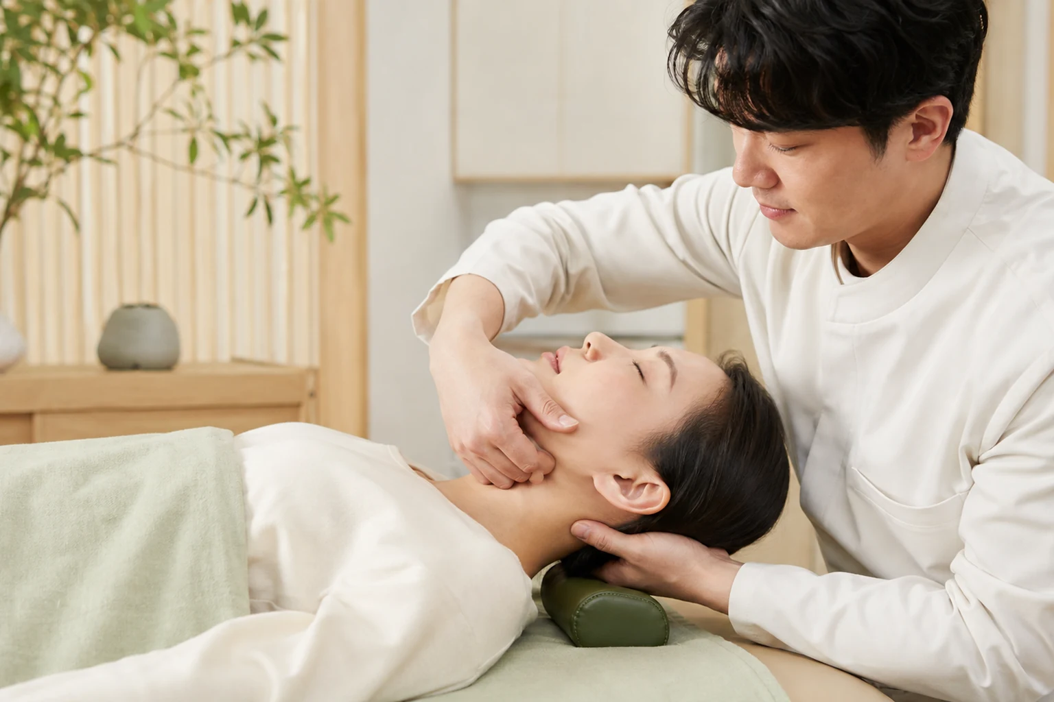 치료대에 누운 여성의 머리를 받치고 턱 주변을 손으로 살피는 의료진