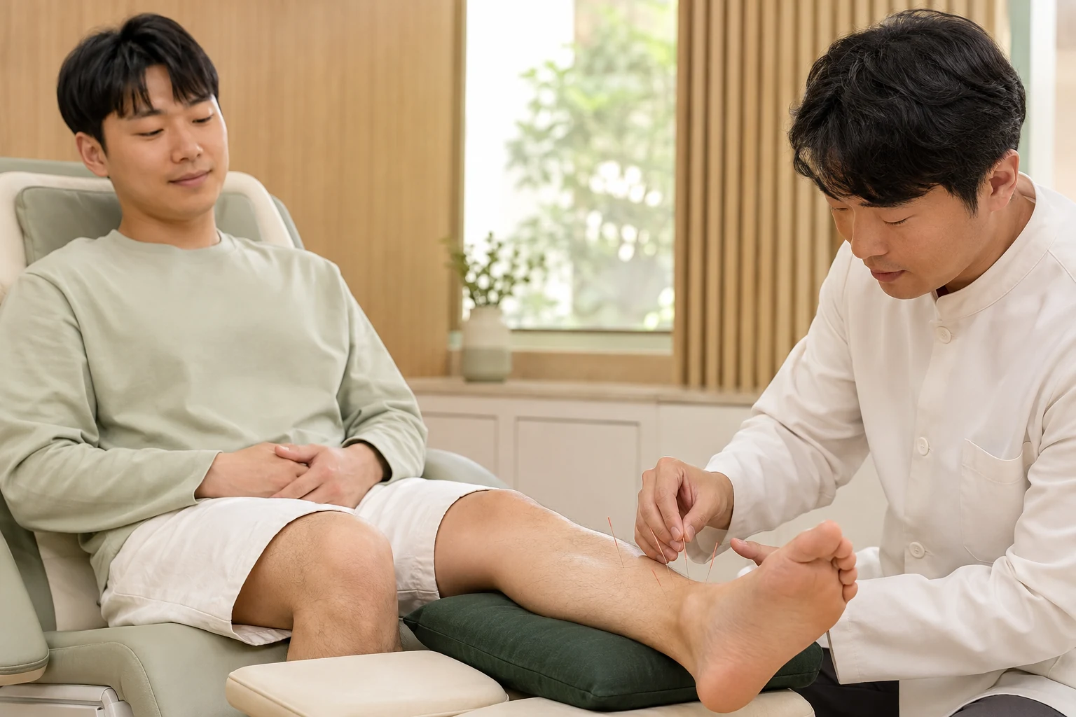 다리를 받친 남성이 발목 주변에 침 치료를 받는 모습