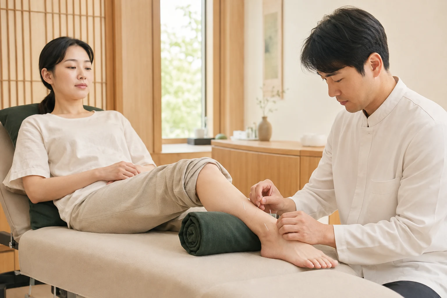 종아리를 받친 환자의 발목 주변에 의료진이 침치료를 시행하는 장면