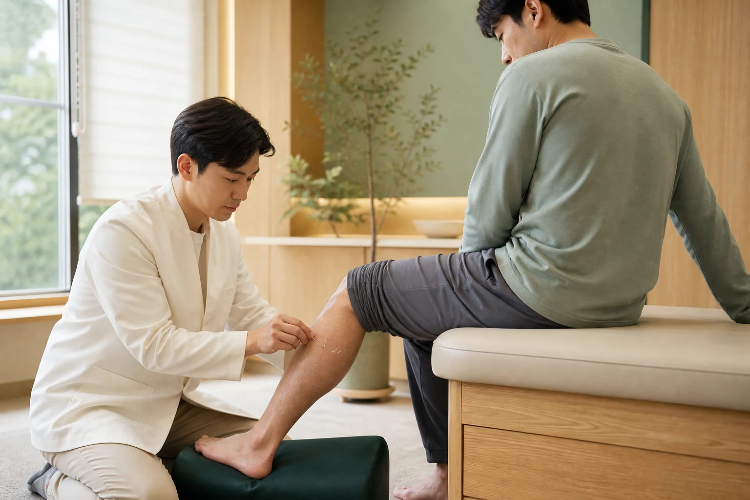 진료대에 앉은 환자의 종아리 부근에서 의료진이 침을 다루는 장면