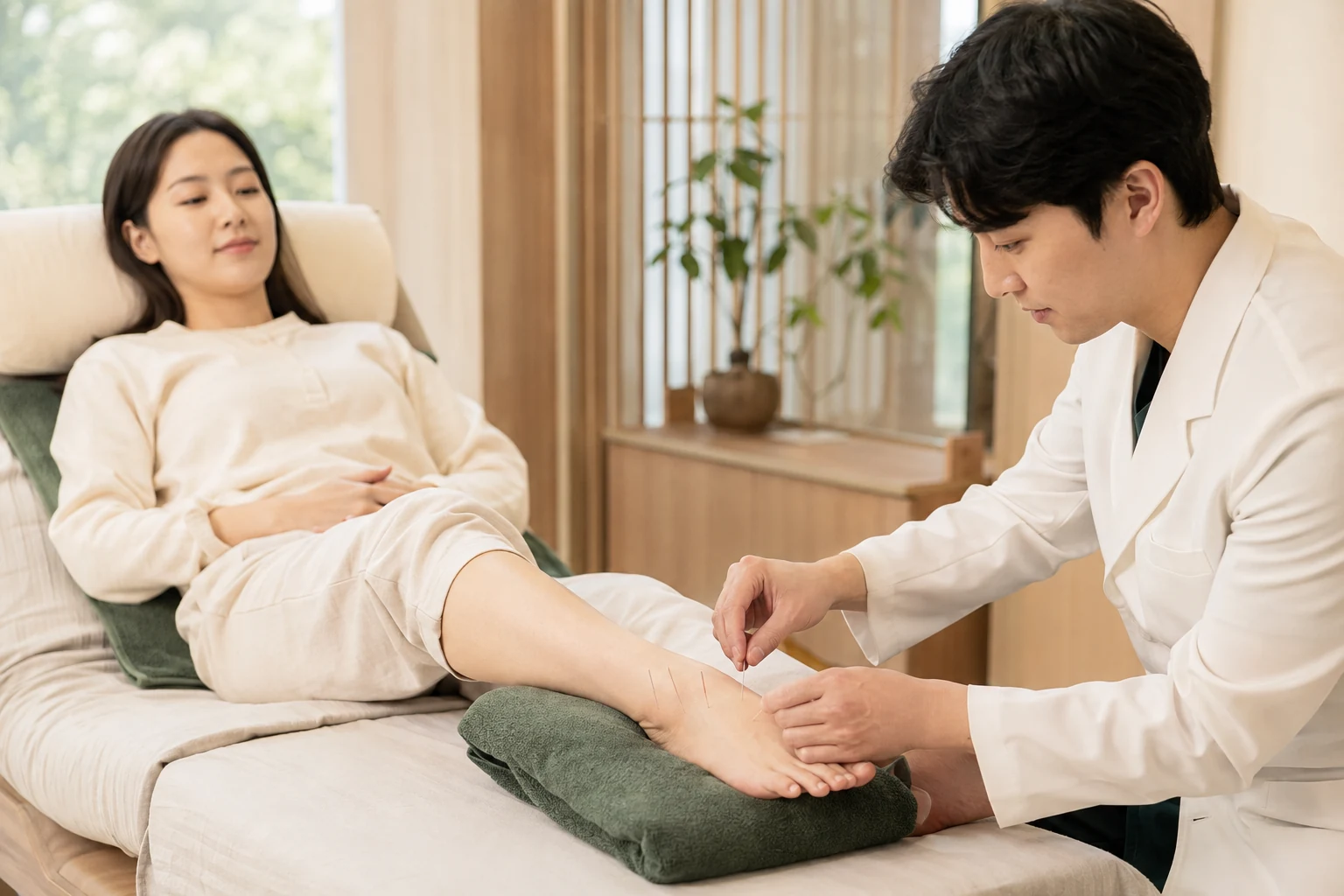 중족골통 환자의 해당 부위에 실제 침 또는 저강도 수기치료를 시행하는 한국인 중심 한의원 임상 장면
