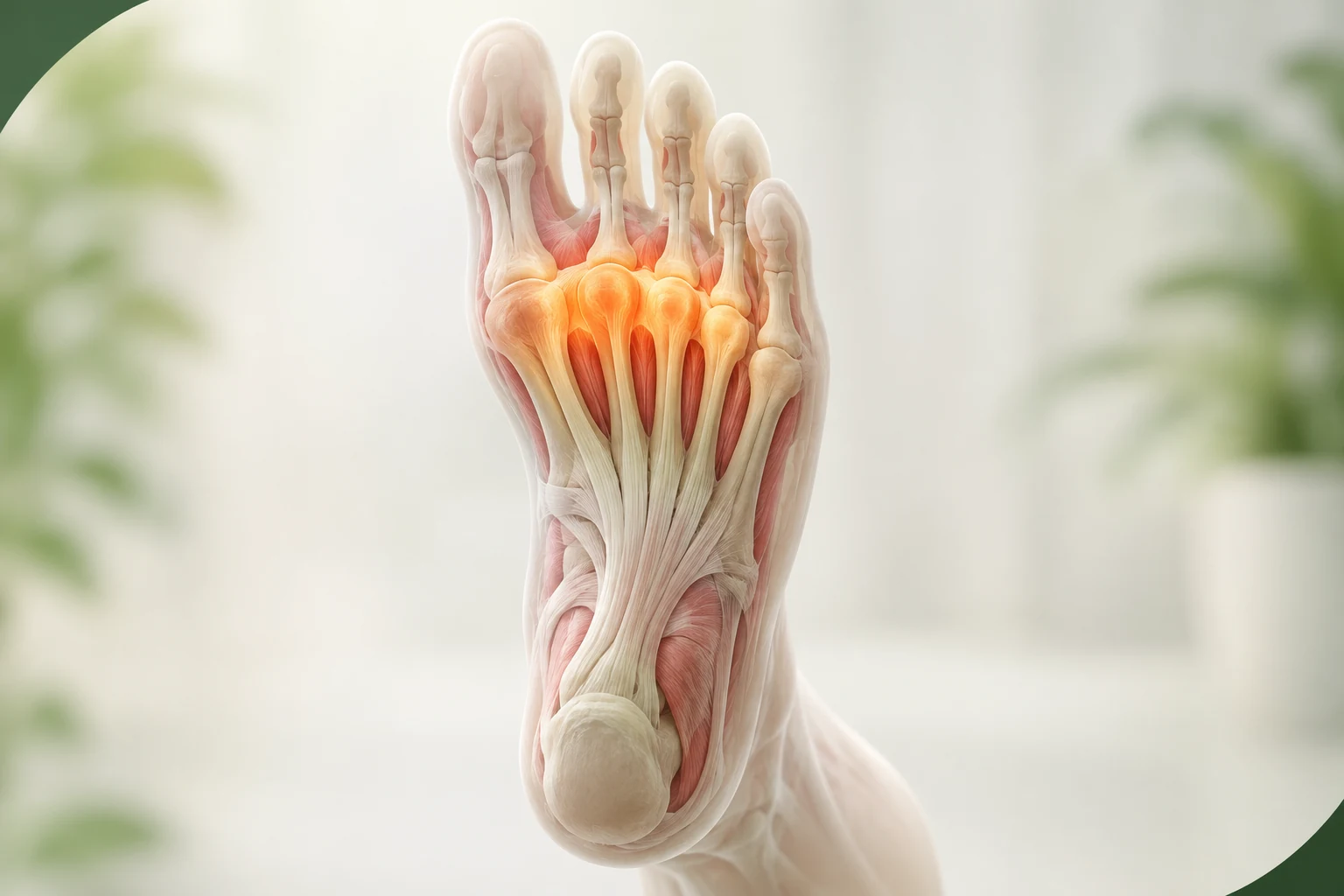 중족골통의 plantar forefoot beneath the metatarsal heads with focal pressure distribution를 밝은 배경에서 보여 주는 질환별 입체 의료 해부 이미지