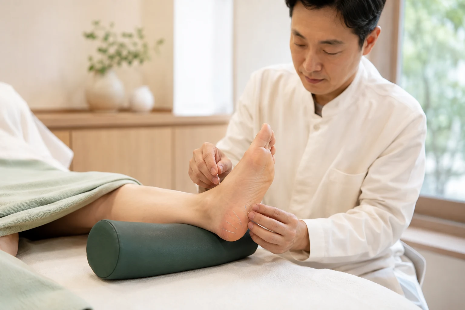 족저근막염 환자의 해당 부위에 실제 침 또는 저강도 수기치료를 시행하는 한국인 중심 한의원 임상 장면