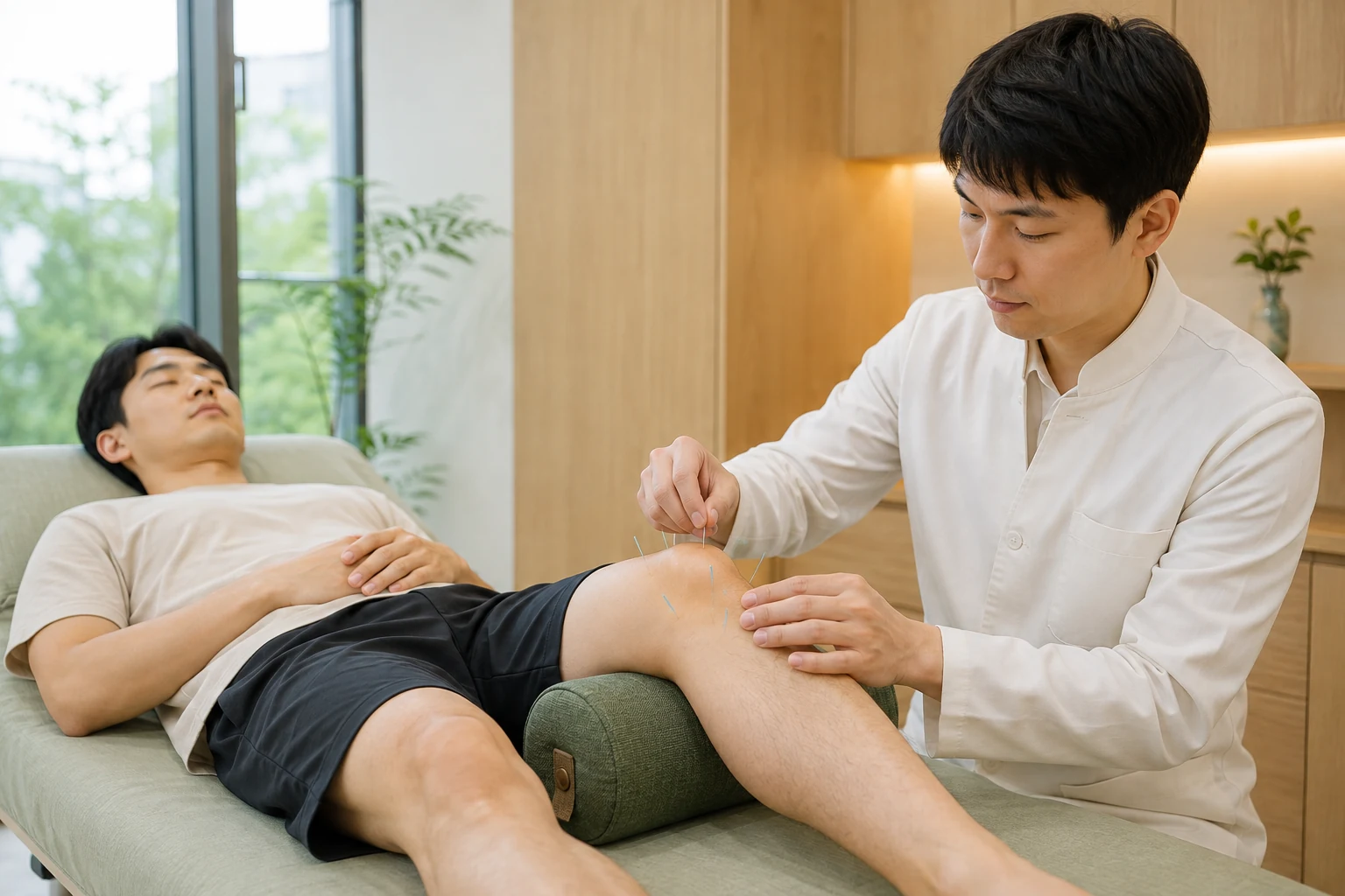 무릎점액낭염 환자의 해당 부위에 실제 침 또는 저강도 수기치료를 시행하는 한국인 중심 한의원 임상 장면