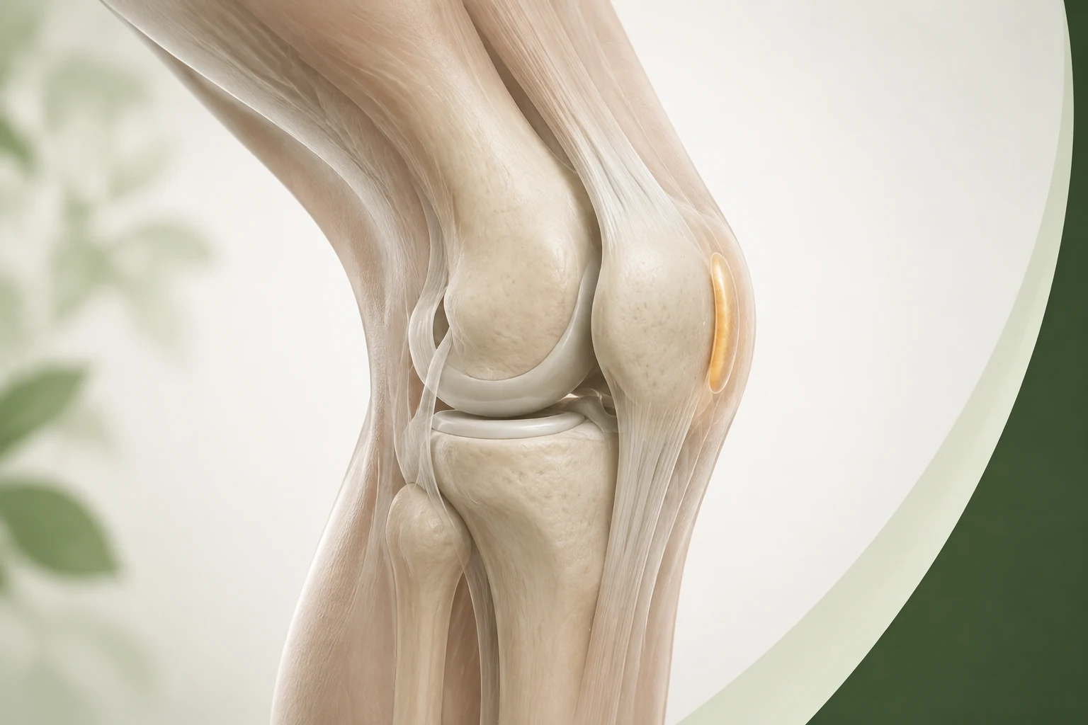 무릎점액낭염의 a small knee bursa and surrounding soft tissue at the symptomatic surface를 밝은 배경에서 보여 주는 질환별 입체 의료 해부 이미지