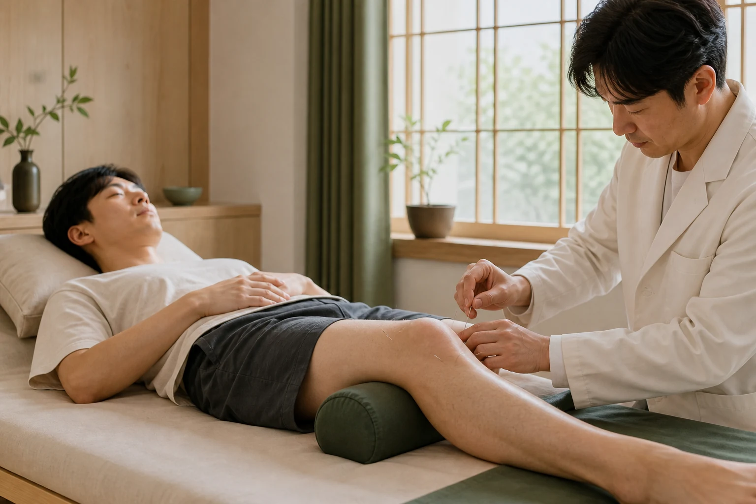 무릎인대손상 환자의 해당 부위에 실제 침 또는 저강도 수기치료를 시행하는 한국인 중심 한의원 임상 장면
