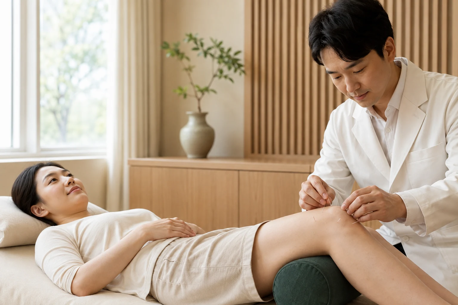 무릎 통증 환자의 해당 부위에 실제 침 또는 저강도 수기치료를 시행하는 한국인 중심 한의원 임상 장면