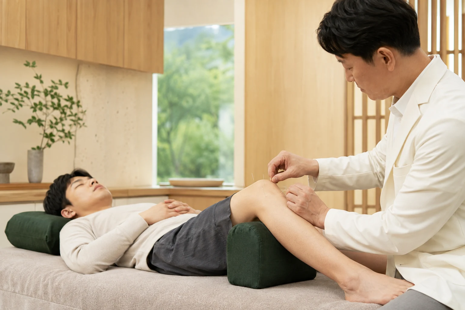 반월상연골손상 환자의 해당 부위에 실제 침 또는 저강도 수기치료를 시행하는 한국인 중심 한의원 임상 장면