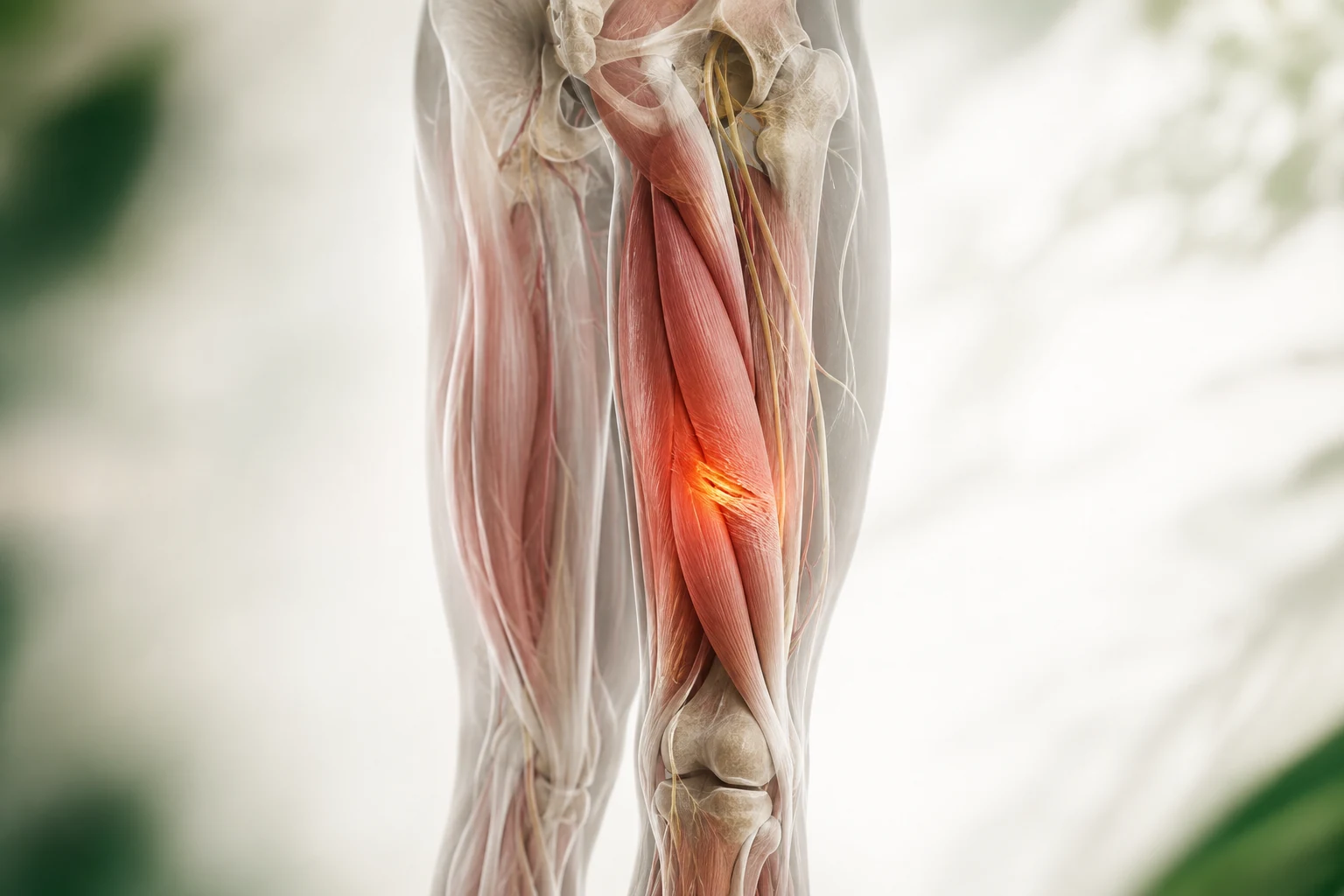 햄스트링손상의 posterior thigh hamstring fibers with a small non-gory strain focus를 밝은 배경에서 보여 주는 질환별 입체 의료 해부 이미지