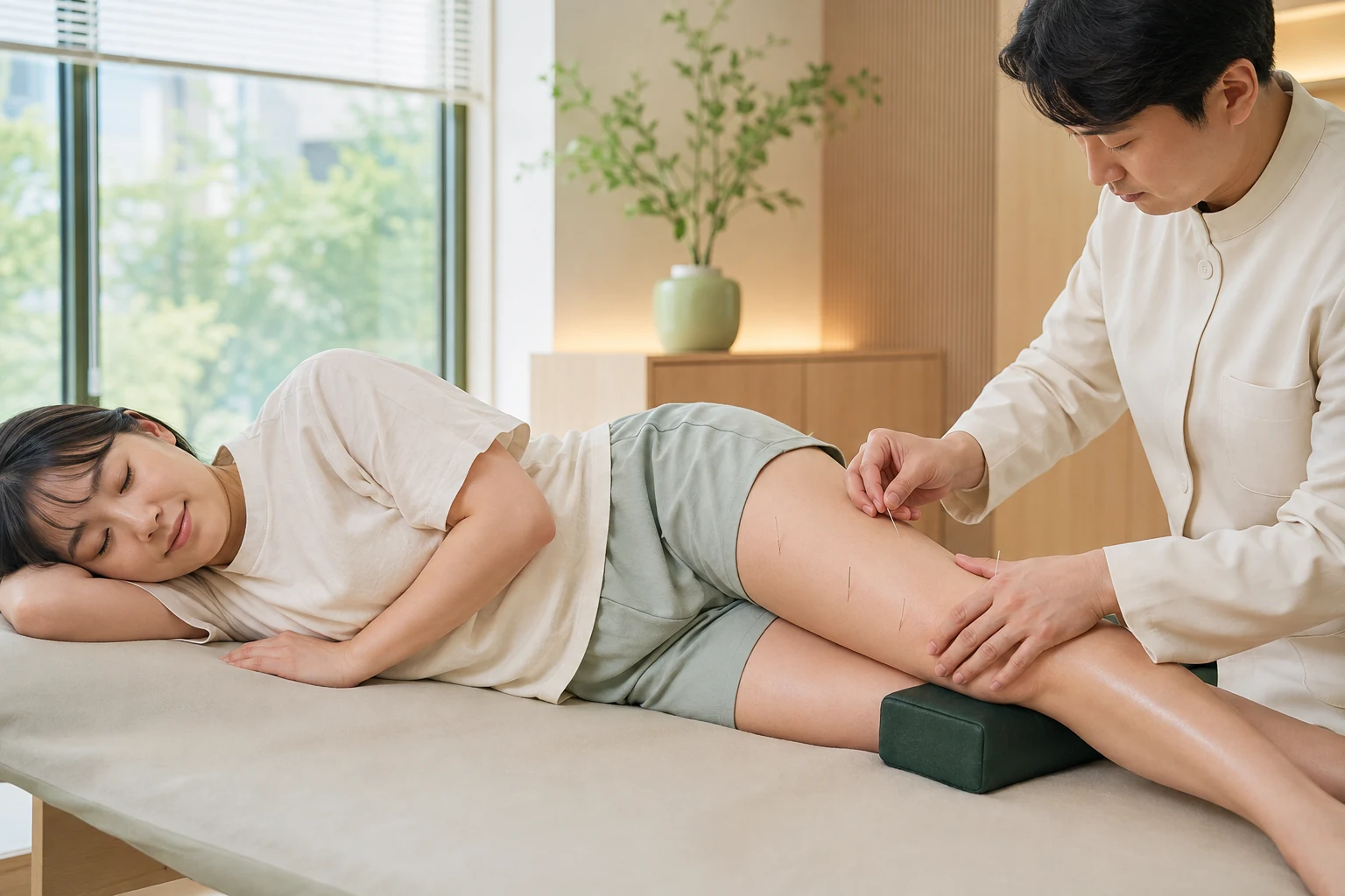 장경인대증후군 환자의 해당 부위에 실제 침 또는 저강도 수기치료를 시행하는 한국인 중심 한의원 임상 장면