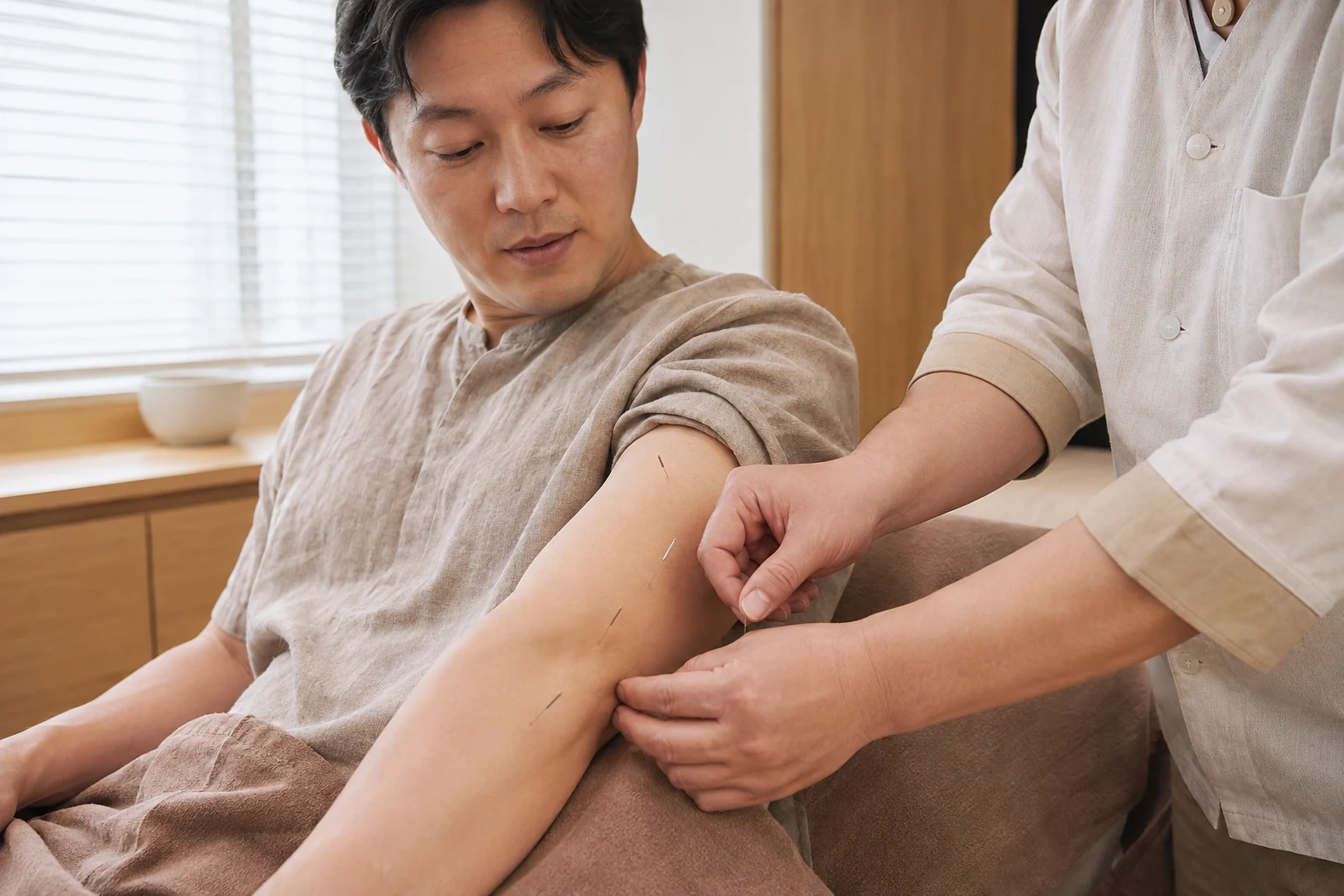 팔 통증 환자의 증상 부위를 실제로 치료하는 한국인 중심 한의원 임상 장면