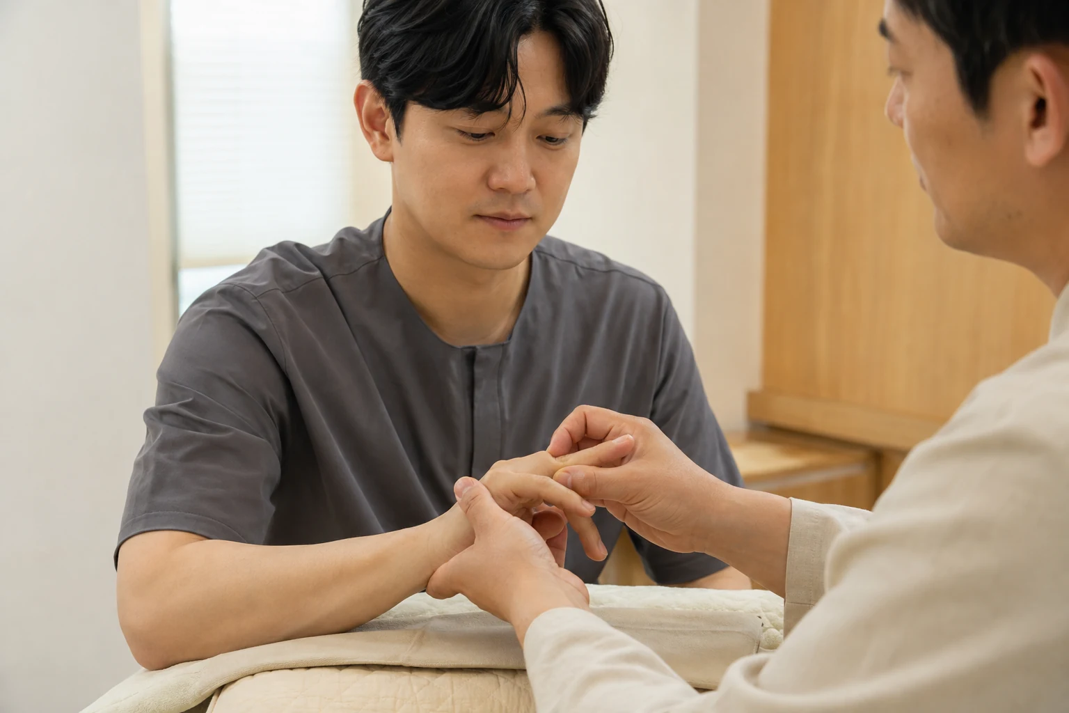 손가락염좌 환자의 증상 부위를 실제로 치료하는 한국인 중심 한의원 임상 장면