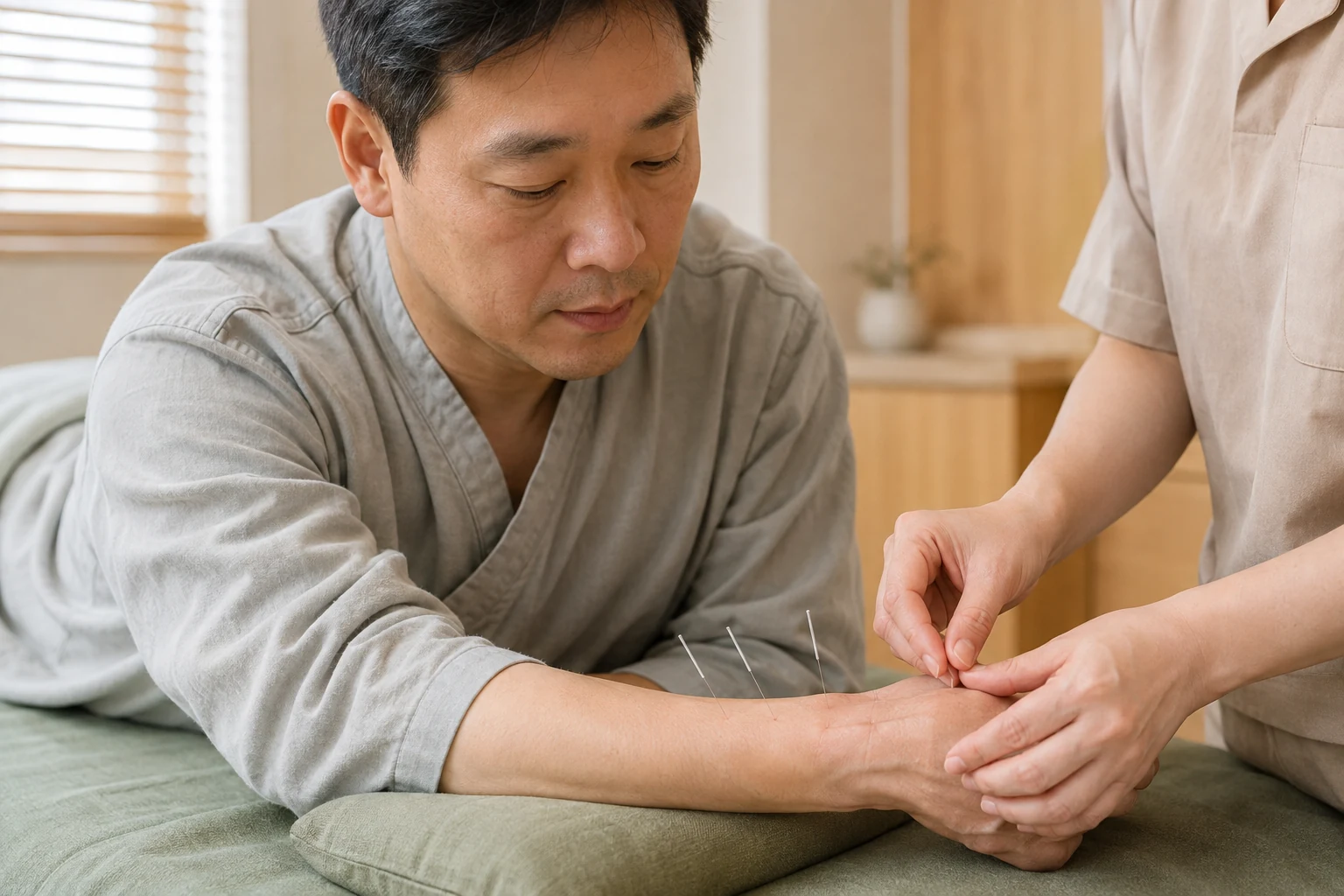 손저림 환자의 증상 부위를 실제로 치료하는 한국인 중심 한의원 임상 장면