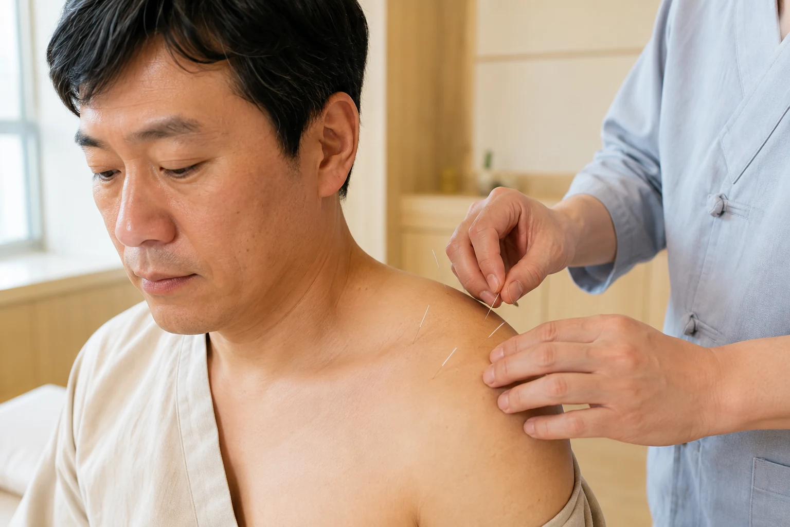 견쇄관절염 환자의 증상 부위를 실제로 치료하는 한국인 중심 한의원 임상 장면