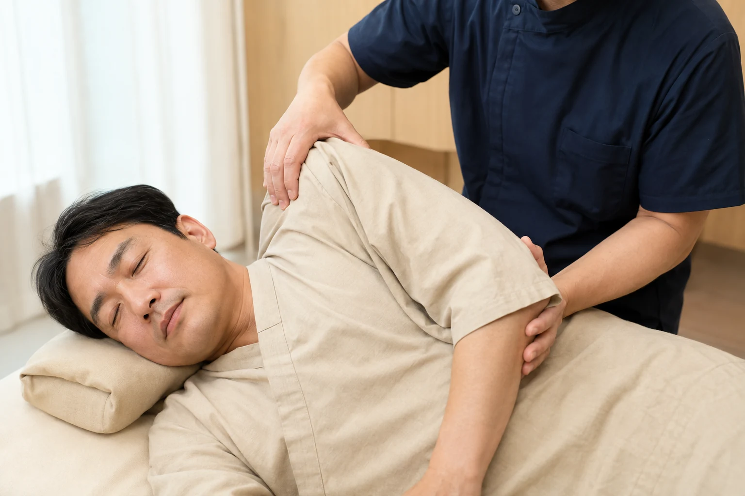 어깨충돌증후군 환자의 증상 부위를 실제로 치료하는 한국인 중심 한의원 임상 장면
