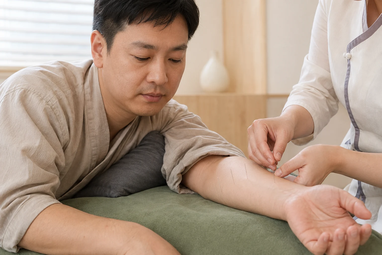손목터널증후군 환자의 증상 부위를 실제로 치료하는 한국인 중심 한의원 임상 장면