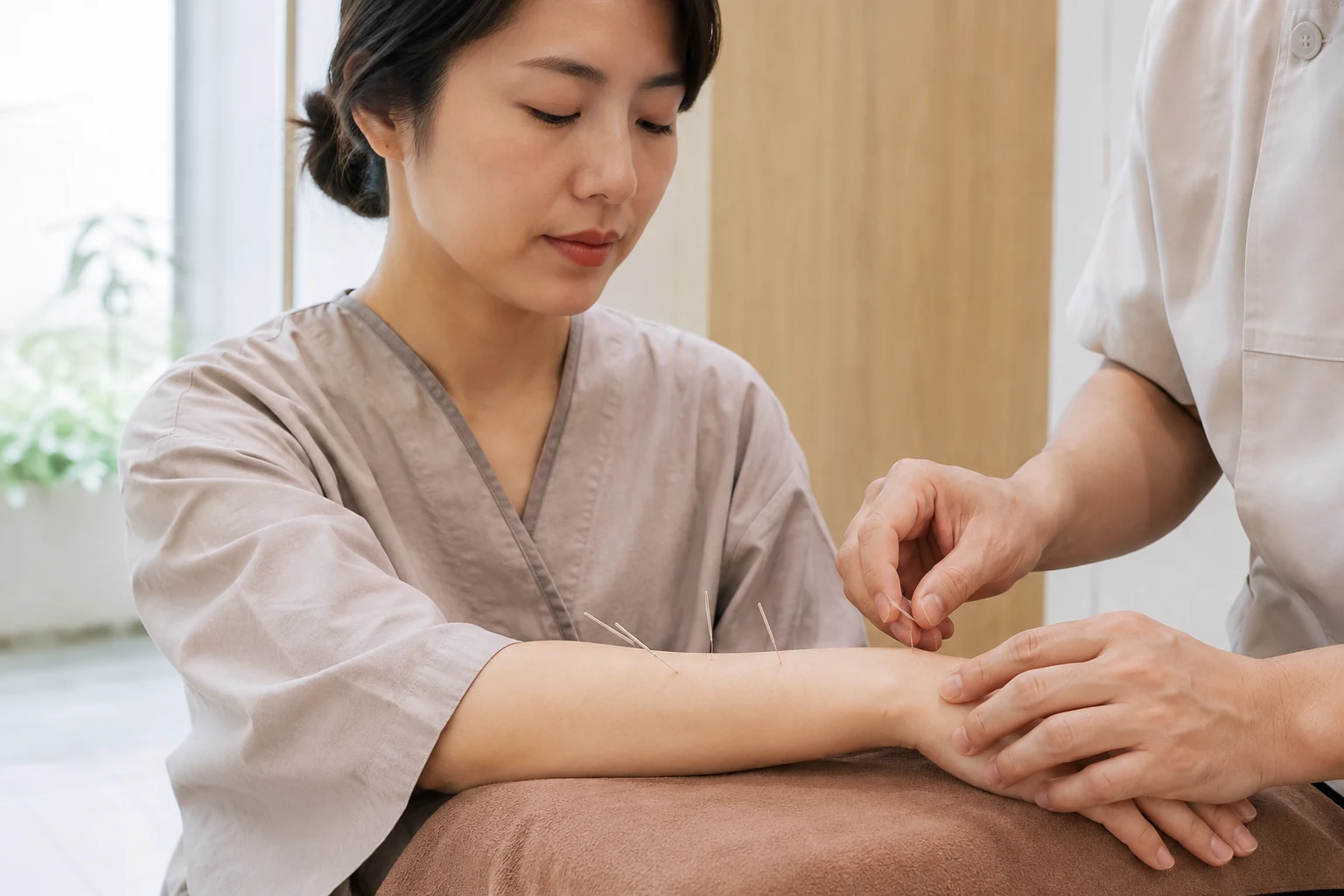 손목 통증 환자의 증상 부위를 실제로 치료하는 한국인 중심 한의원 임상 장면