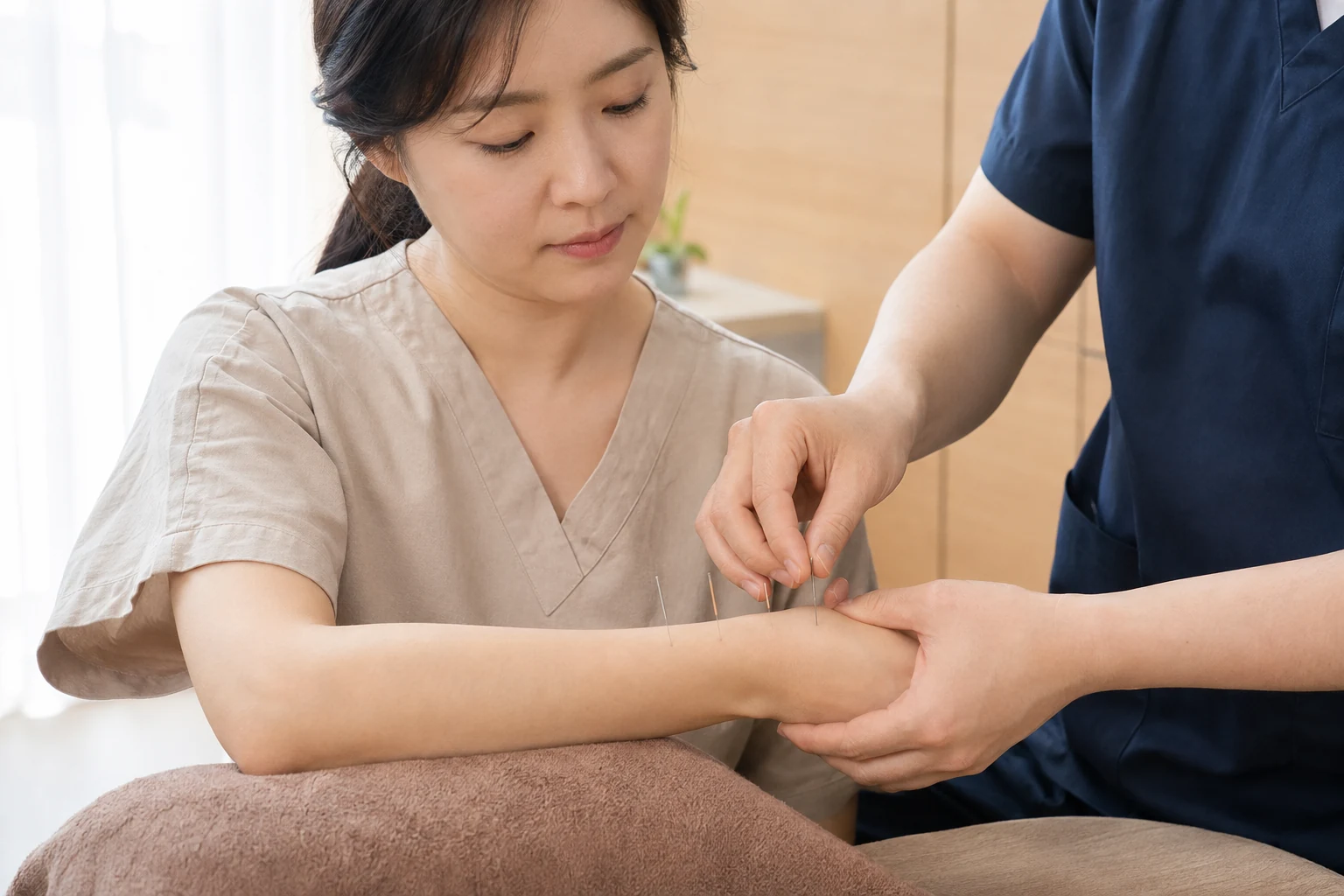 손목건초염 환자의 증상 부위를 실제로 치료하는 한국인 중심 한의원 임상 장면